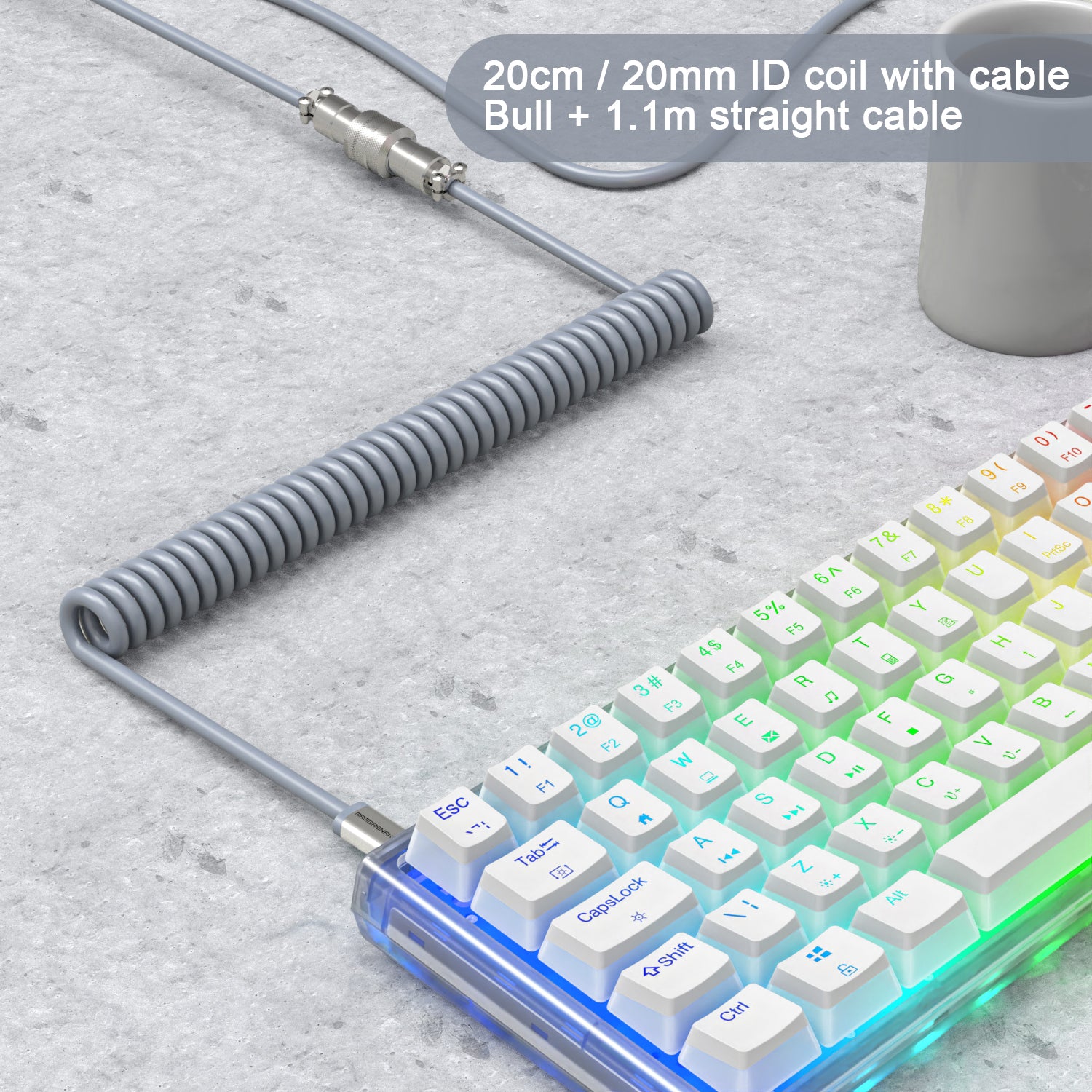 Coiled USB-C keyboard cable with metal aviator connector and RGB keyboard, flexible design.