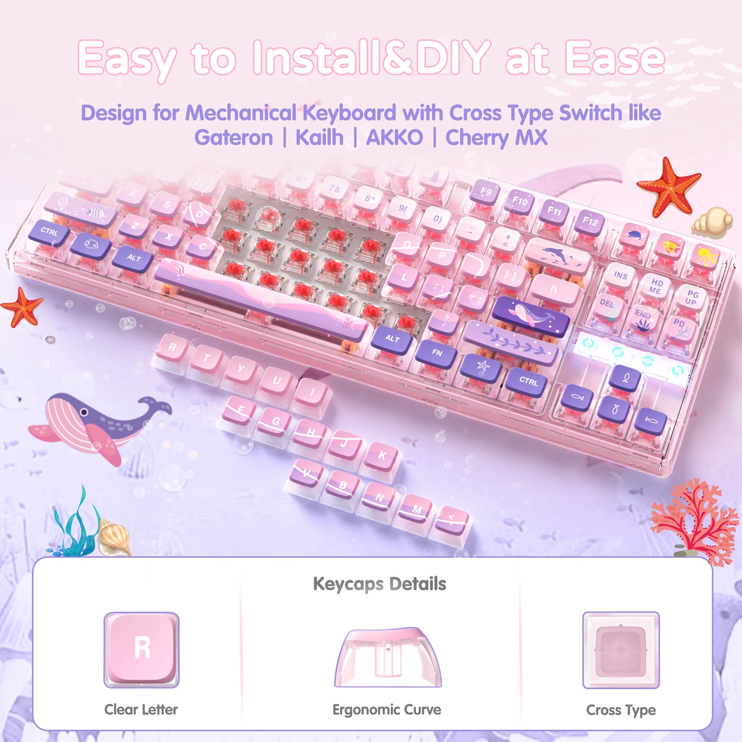 Pink mechanical keyboard with jellyfish-themed keycaps, easy DIY for Gateron and Cherry MX switches.