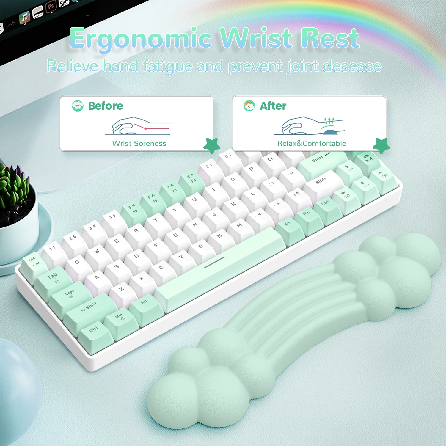 Pastel green ergonomic wrist rest promoting relief from wrist soreness with mint keyboard.