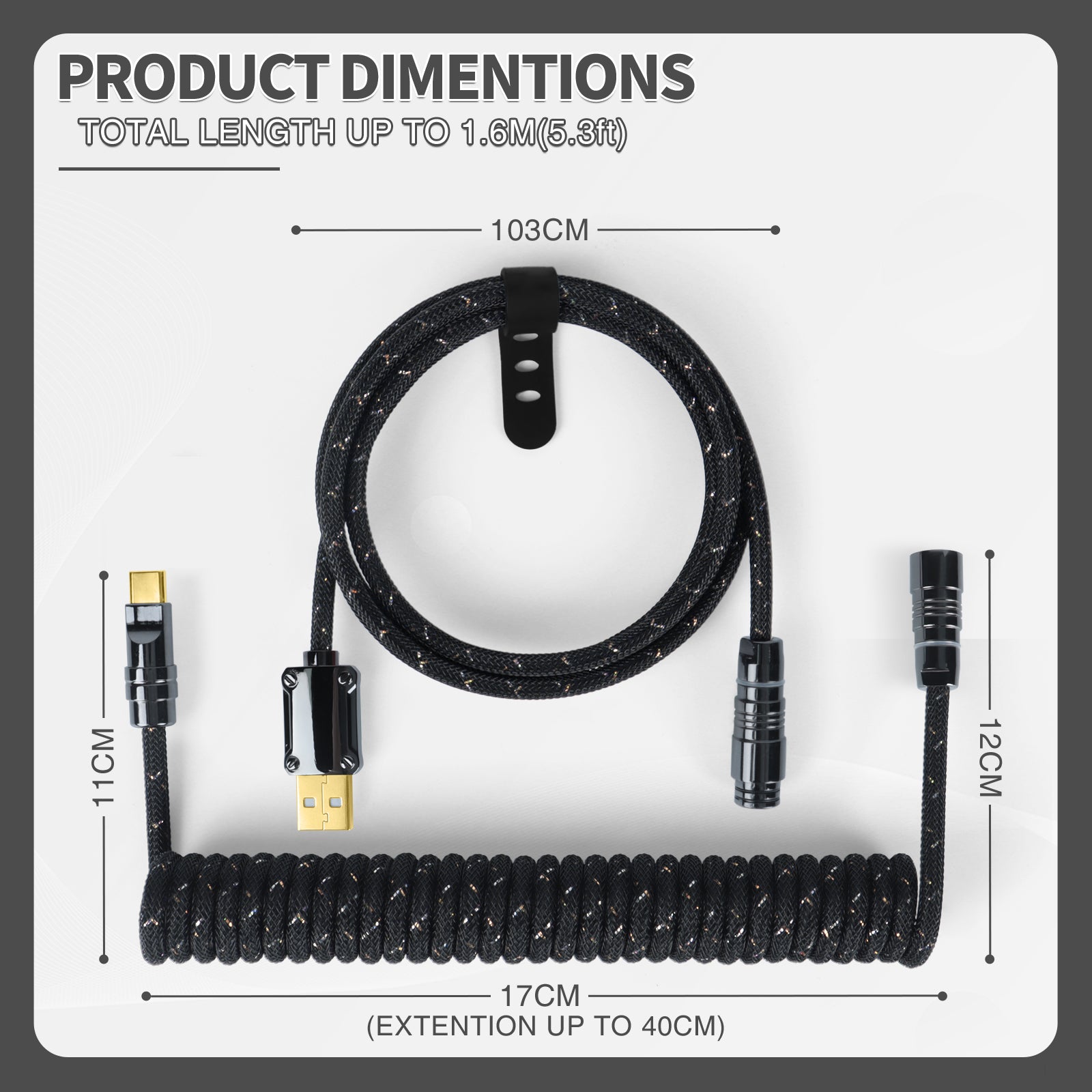 Dimensions of black coiled USB cable with 1.6m length and detachable connectors