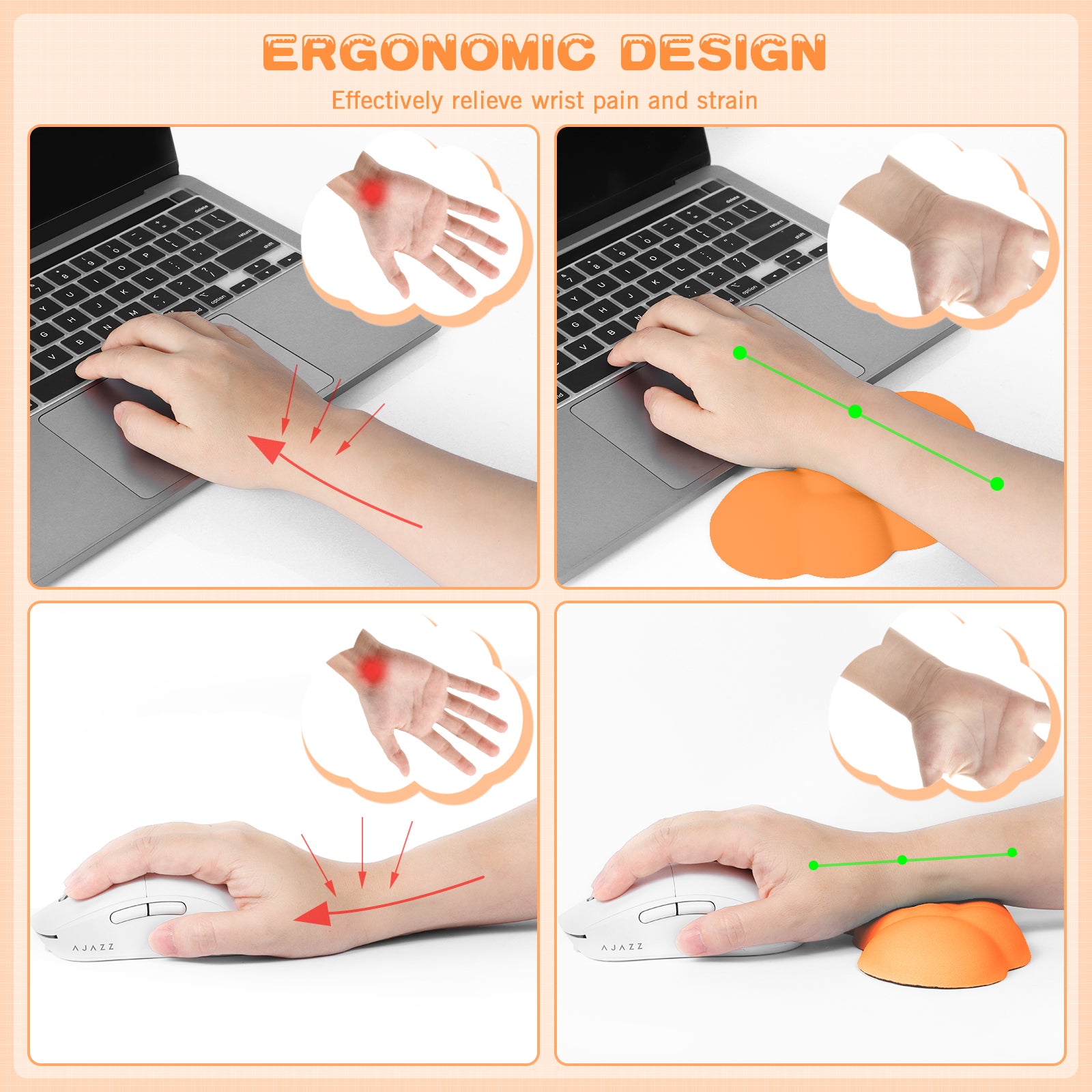 Illustration showcasing ergonomic wrist design benefits for pain relief while using mouse.