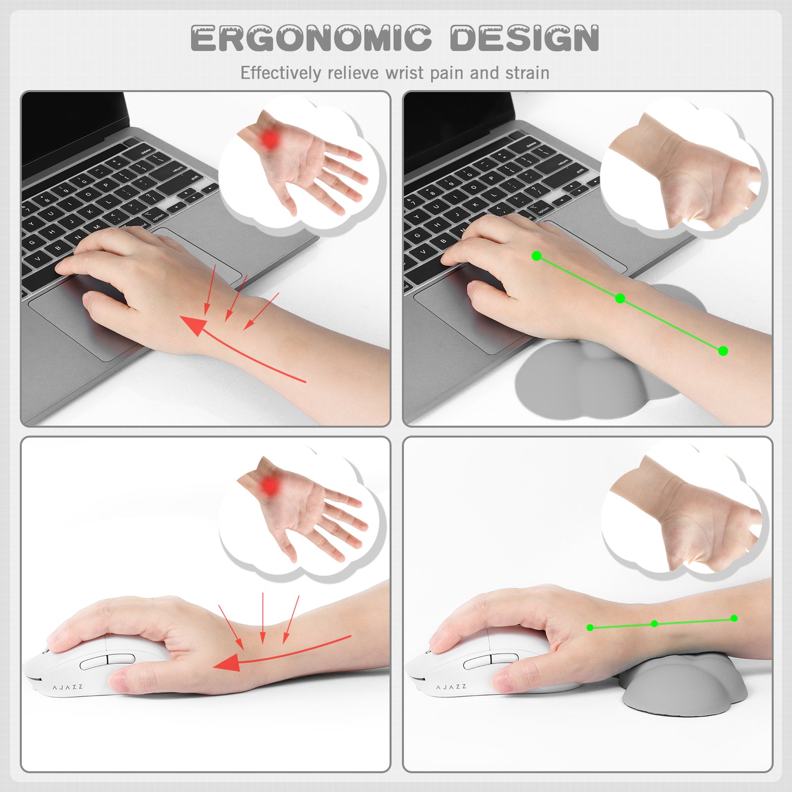 Ergonomic design illustration showing wrist pain relief with cloud wrist rest.