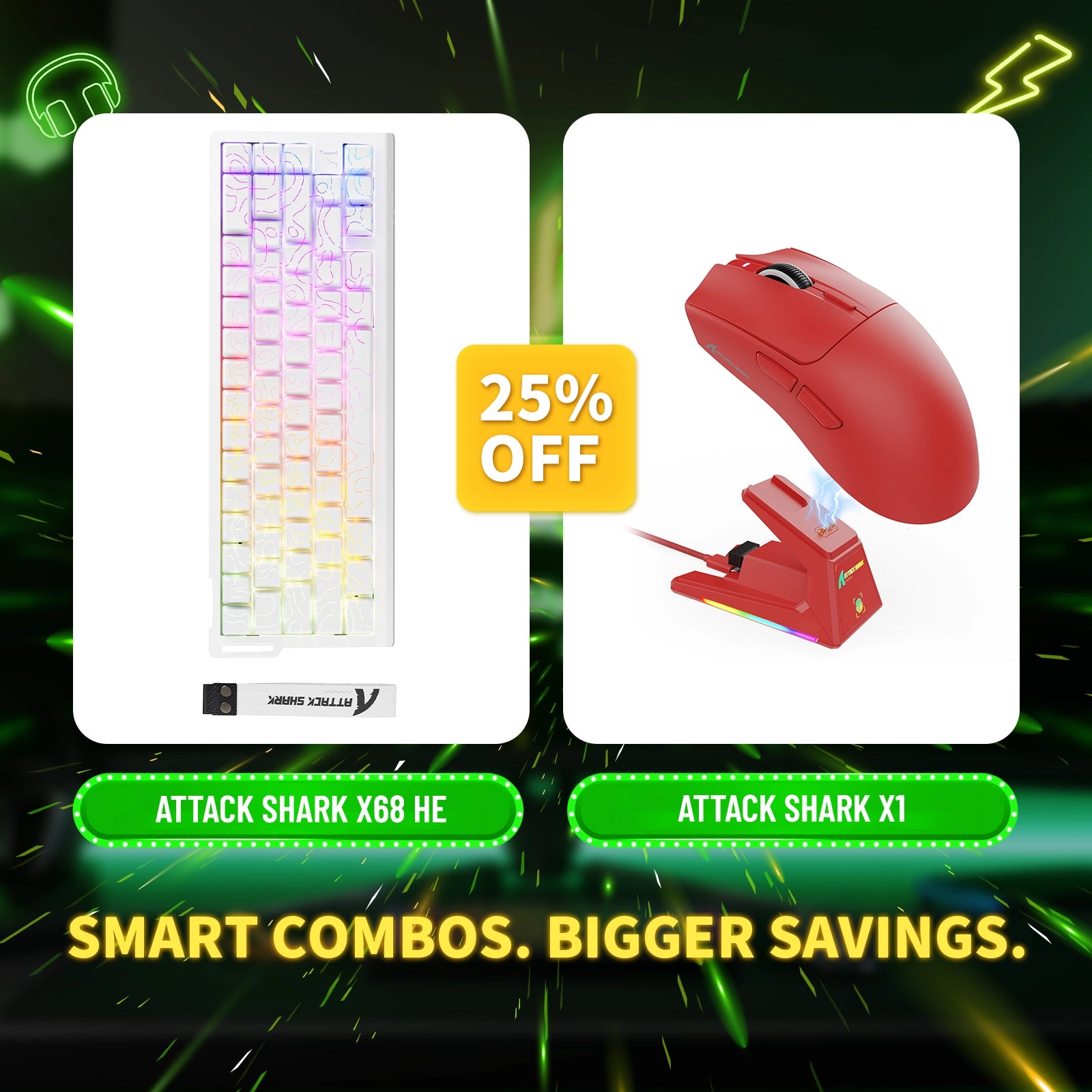 Pack clavier à déclenchement rapide ATTACK SHARK X68HE + souris de jeu sans fil X1