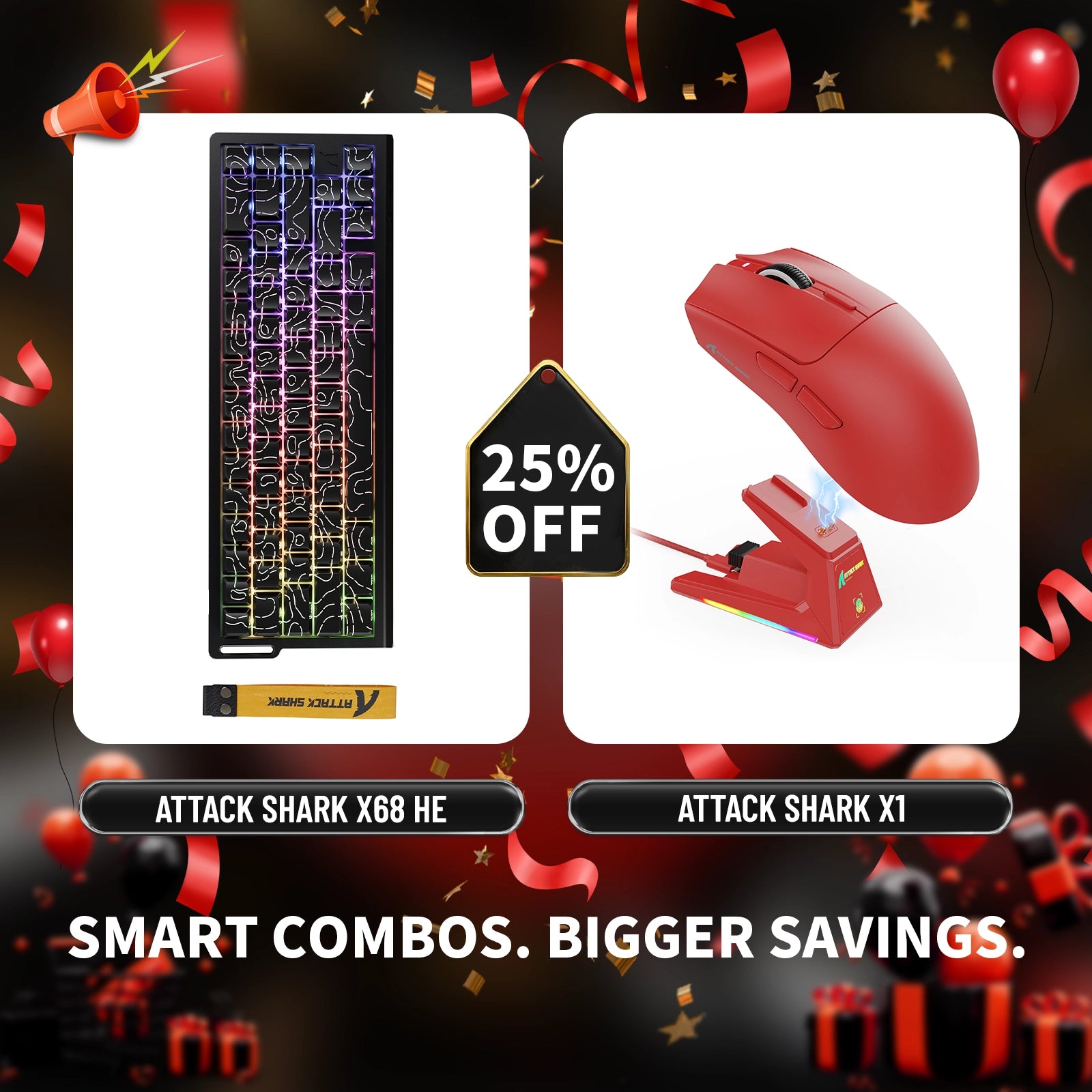 Paquete de teclado de disparo rápido ATTACK SHARK X68HE + ratón inalámbrico para juegos X1