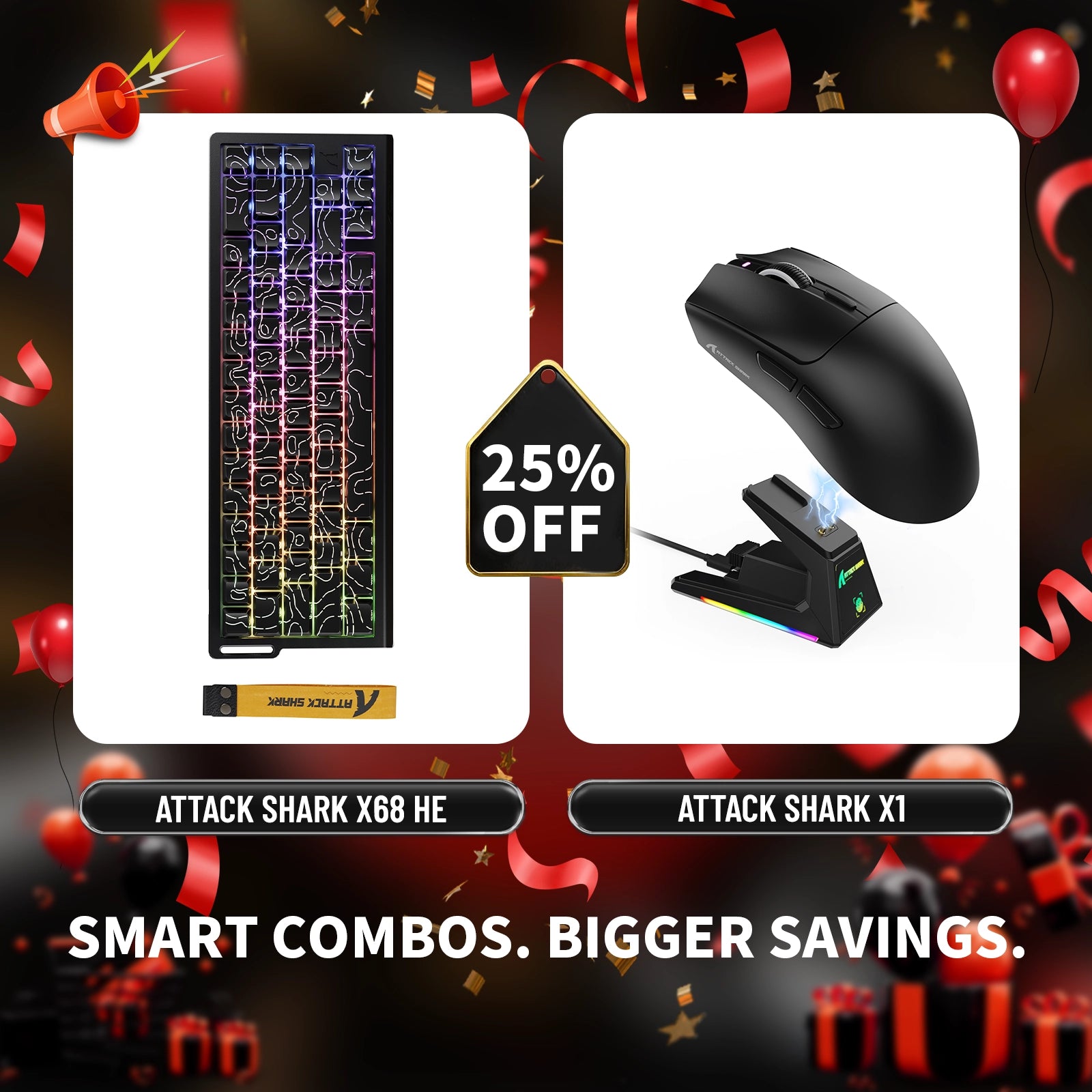 Paquete de teclado de disparo rápido ATTACK SHARK X68HE + ratón inalámbrico para juegos X1