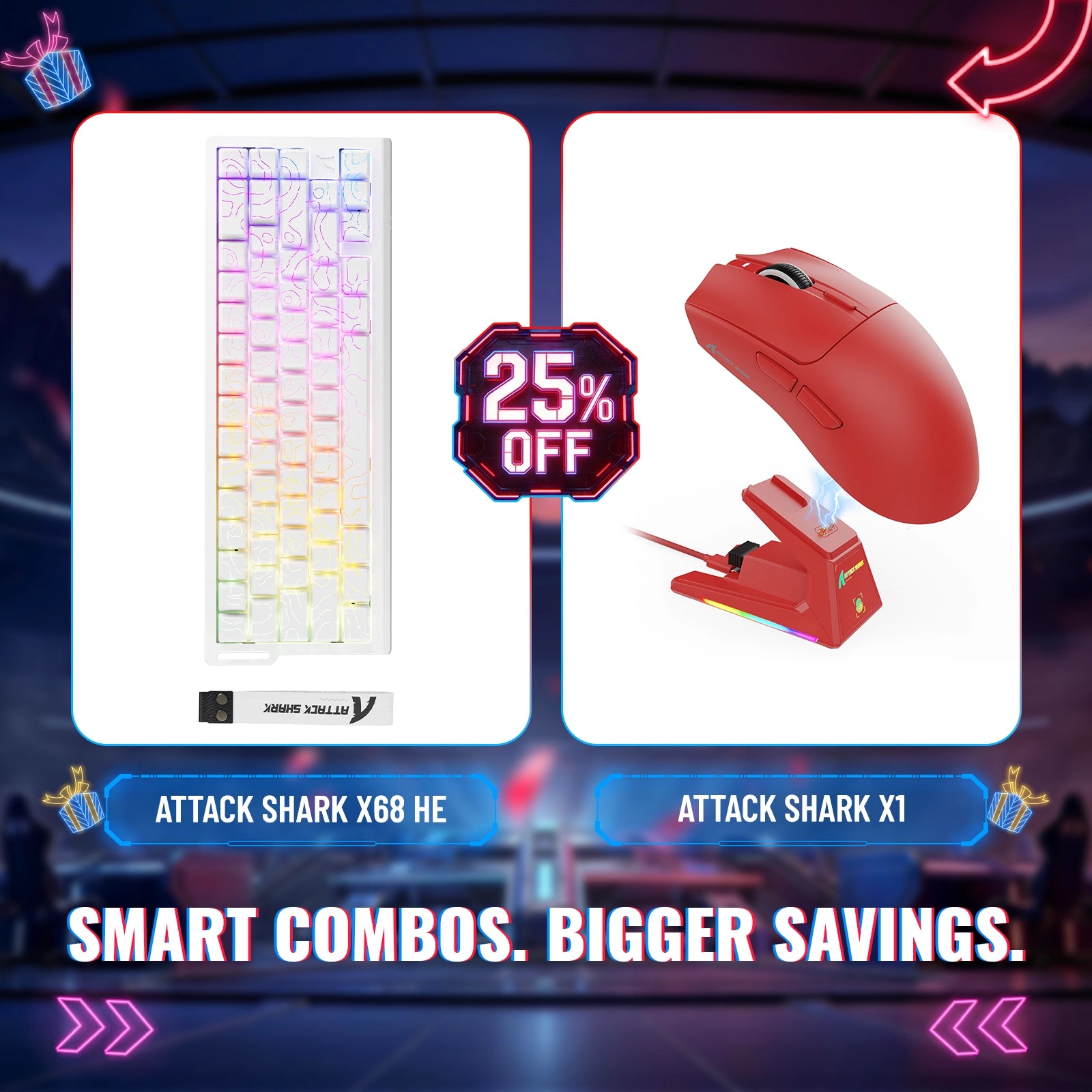 ATTACK SHARK X68HE 래피드 트리거 키보드 + X1 무선 게이밍 마우스 번들