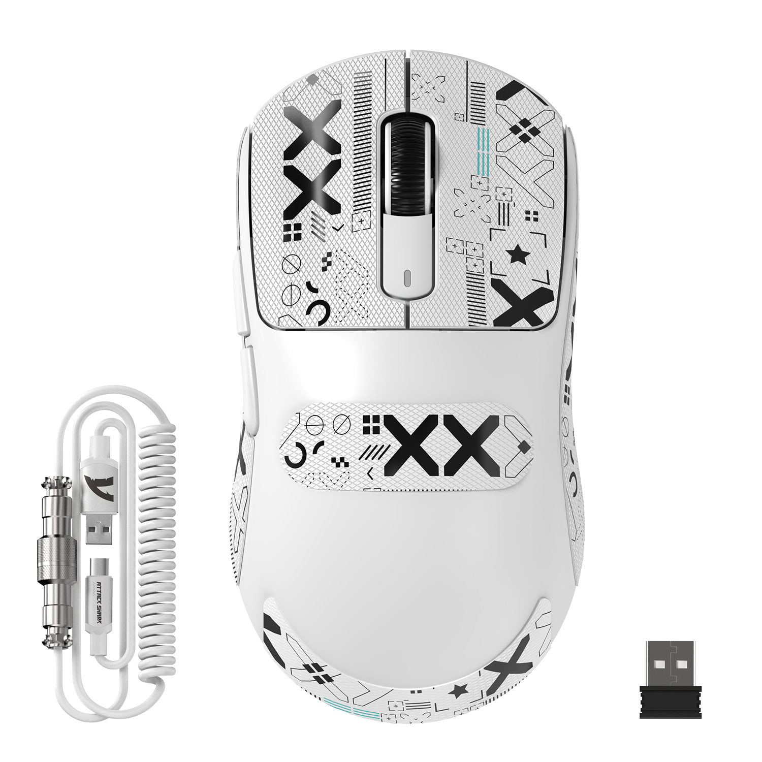 White Attack Shark X3MAX gaming mouse with coiled cable and USB dongle.