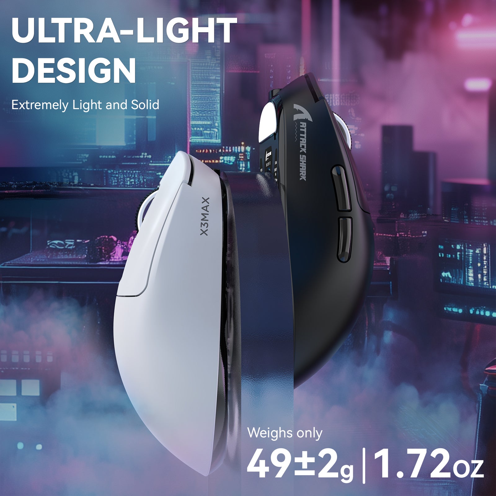 X3MAX ultra-light gaming mouse showcasing sleek white and black design.