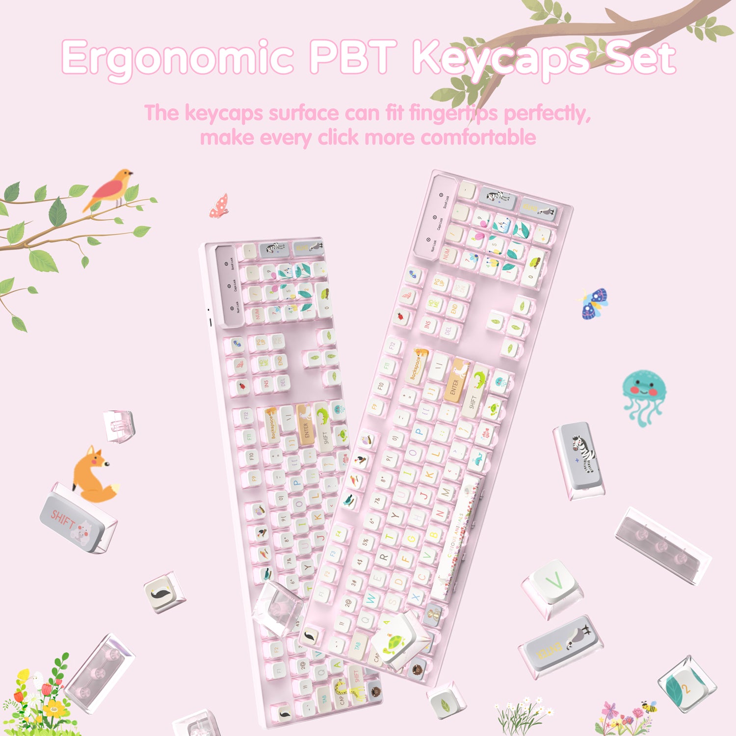 Ergonomic pink PBT keycap set with jellyfish and plant designs for comfortable typing.