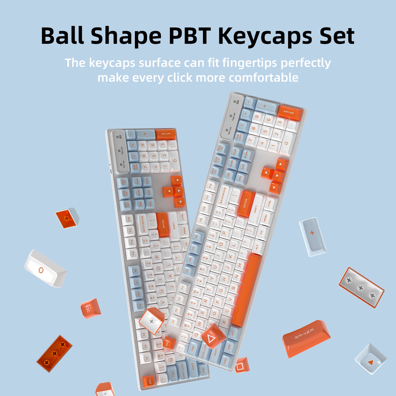 Ball shape PBT keycaps set in white and orange for ergonomic typing on mechanical keyboards.