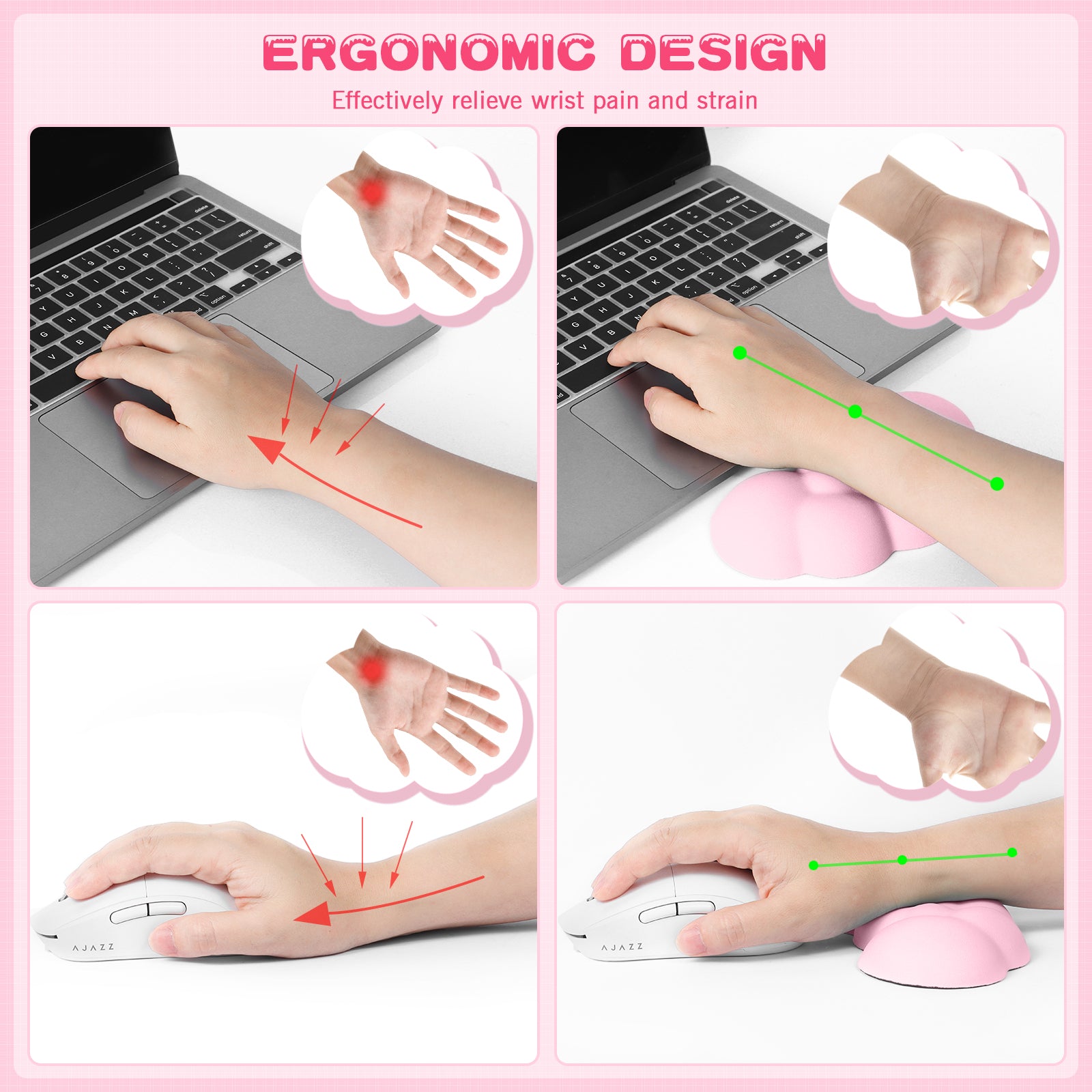 Illustration of ergonomic wrist rest benefits reducing pain and strain.