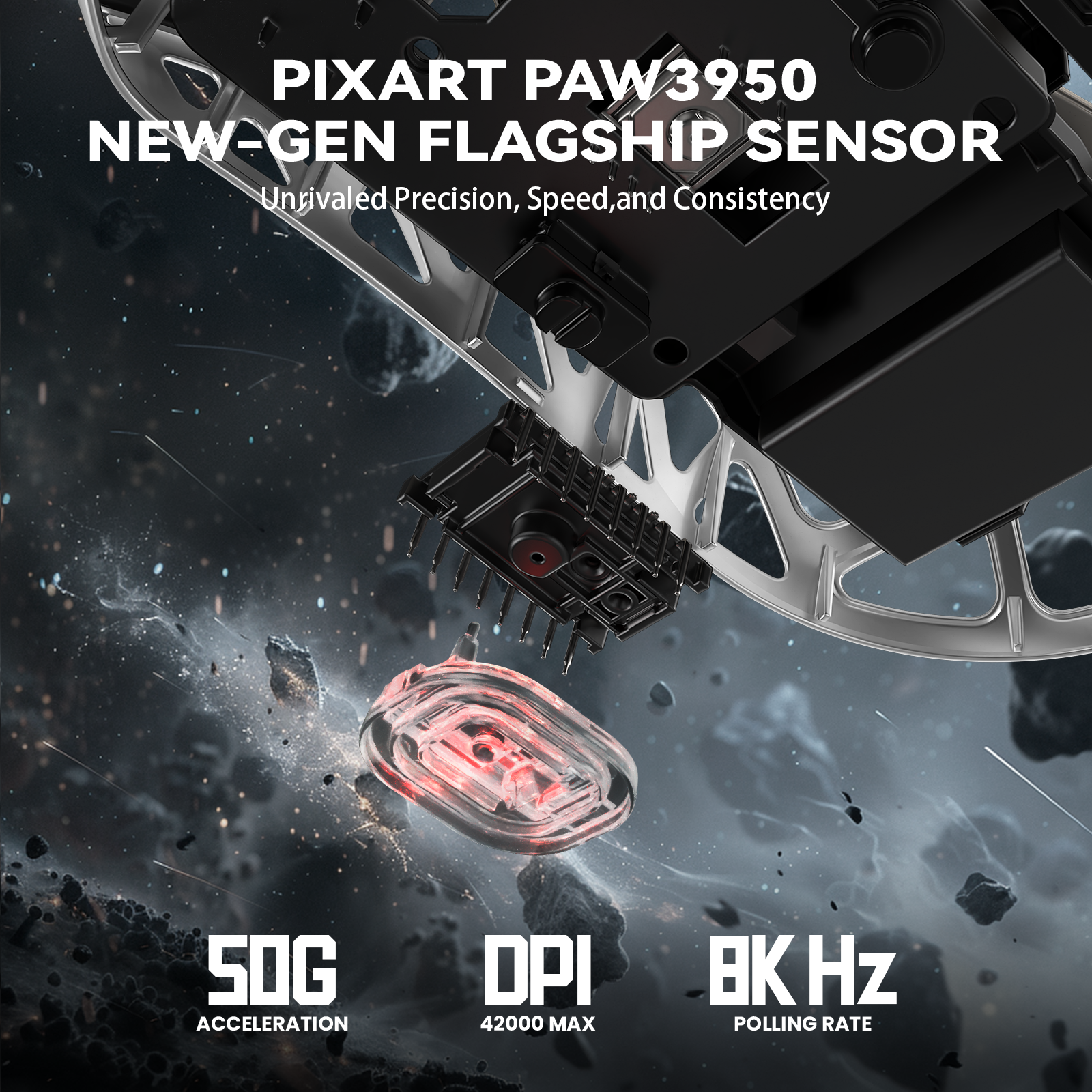 PIXART PAW3950 gaming sensor with specs: 50g acceleration, 42000 DPI, and 8KHz polling rate.