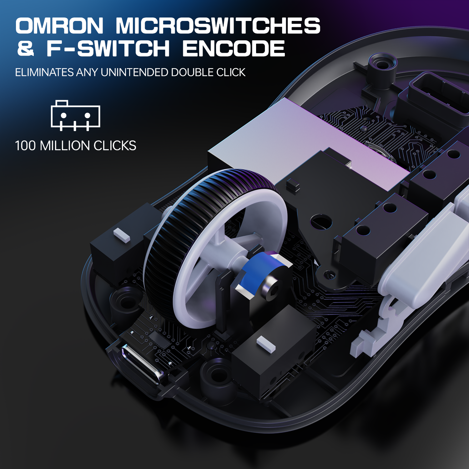 Internal view of Attack Shark X3MAX gaming mouse with Omron microswitches and F-Switch encoder.