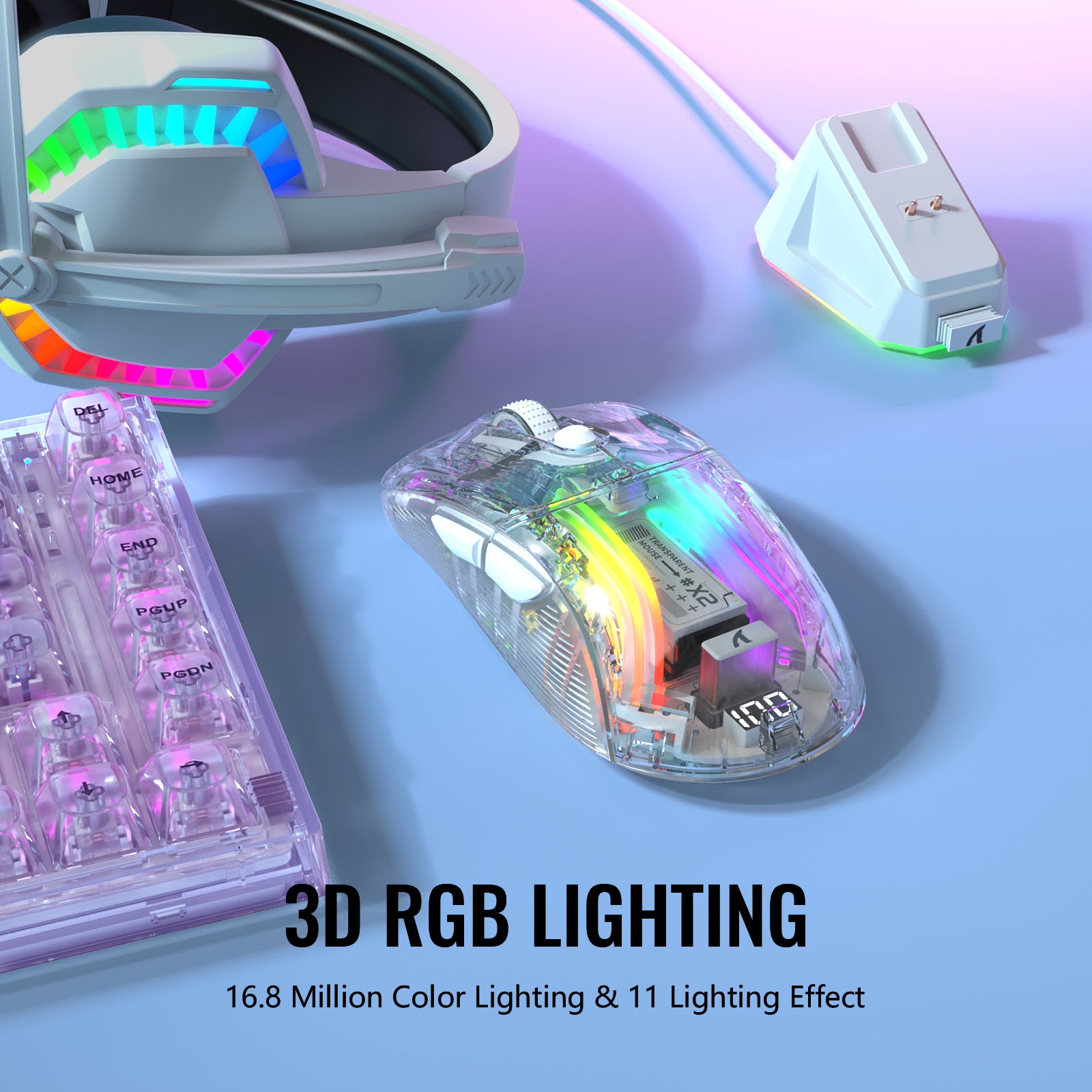 X2PRO wireless gaming mouse with 3D RGB lighting and transparent shell beside gaming accessories.