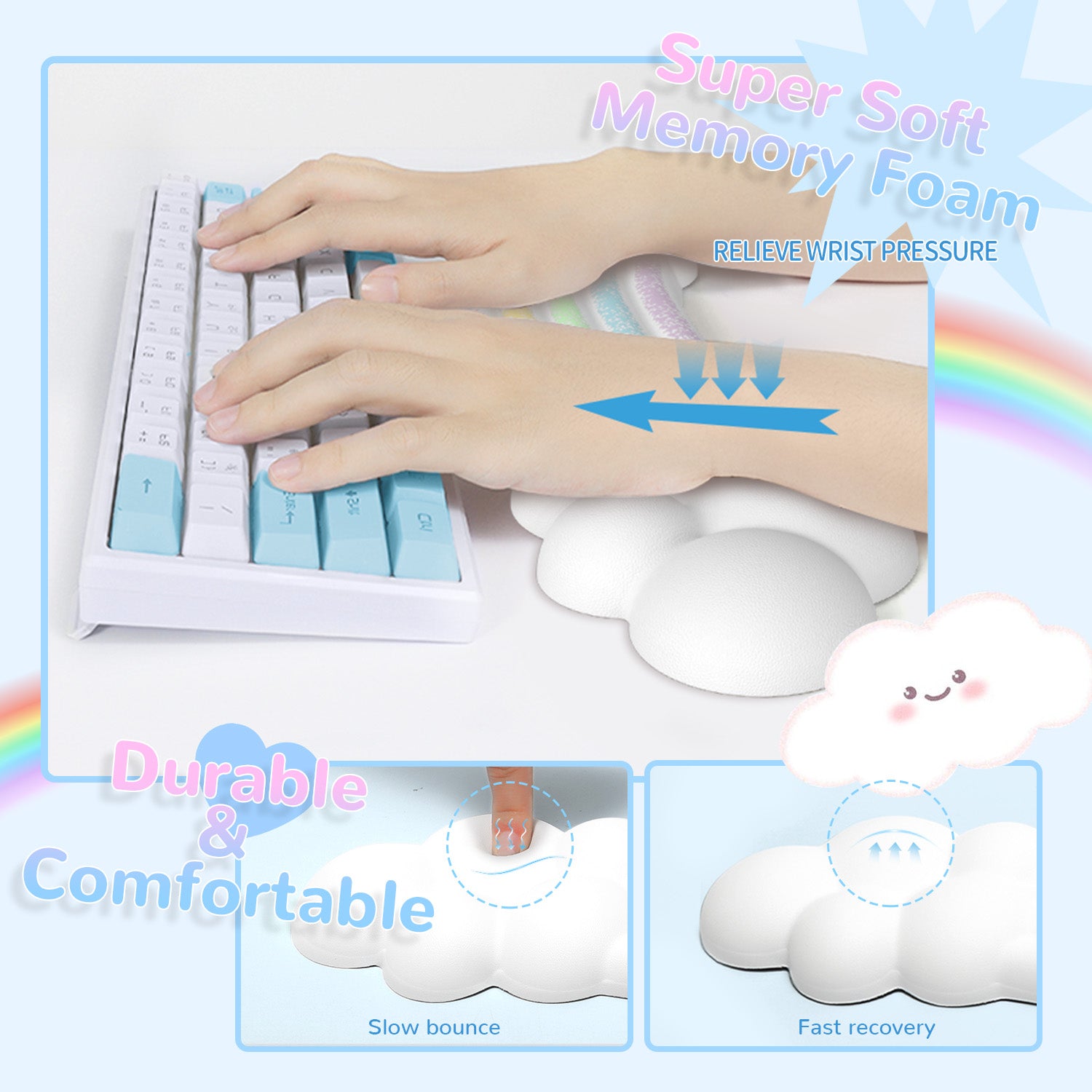 Rainbow cloud wrist rest with hand demonstrating ergonomic support and keyboard usage.