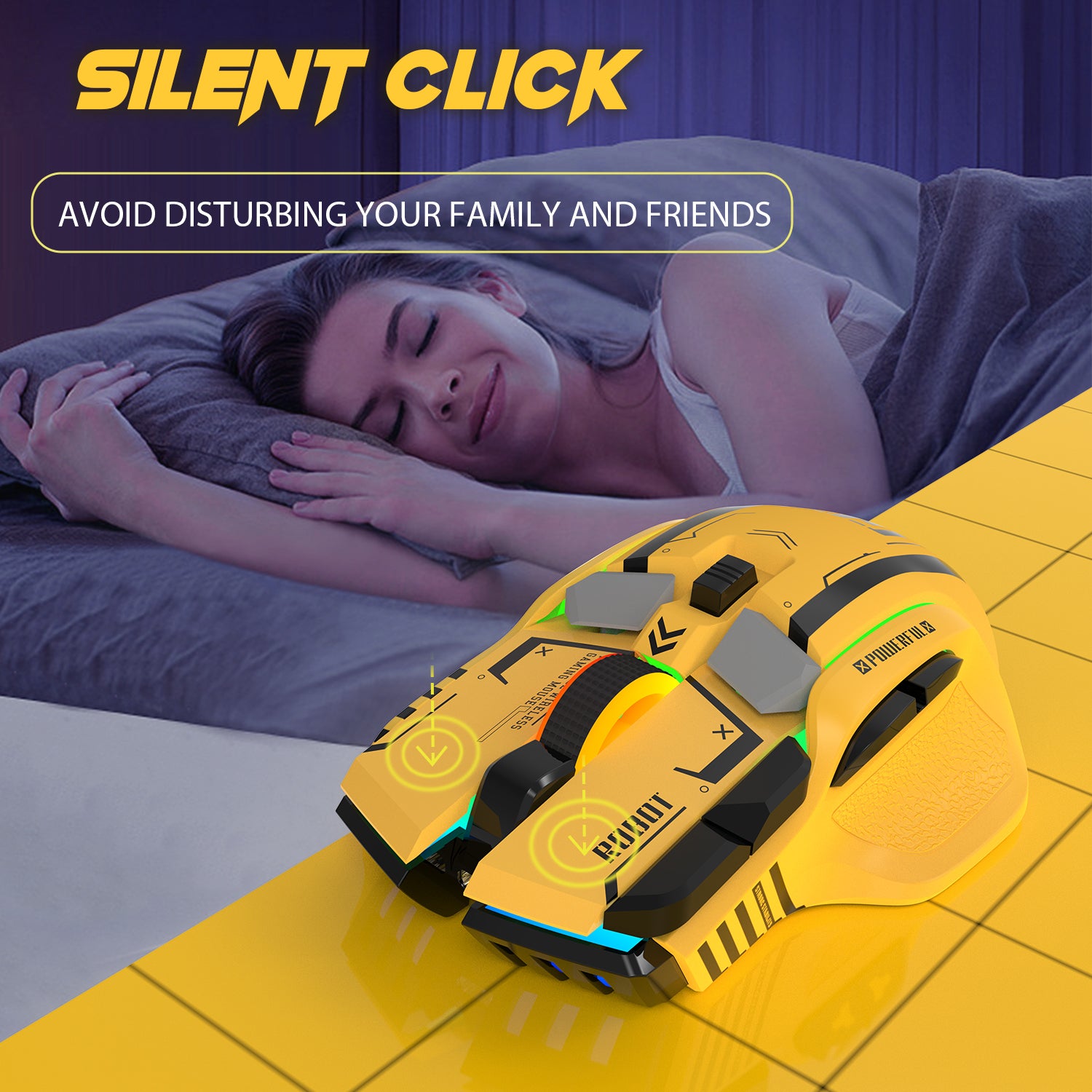 Attack Shark G6 yellow gaming mouse promoting silent click feature with text