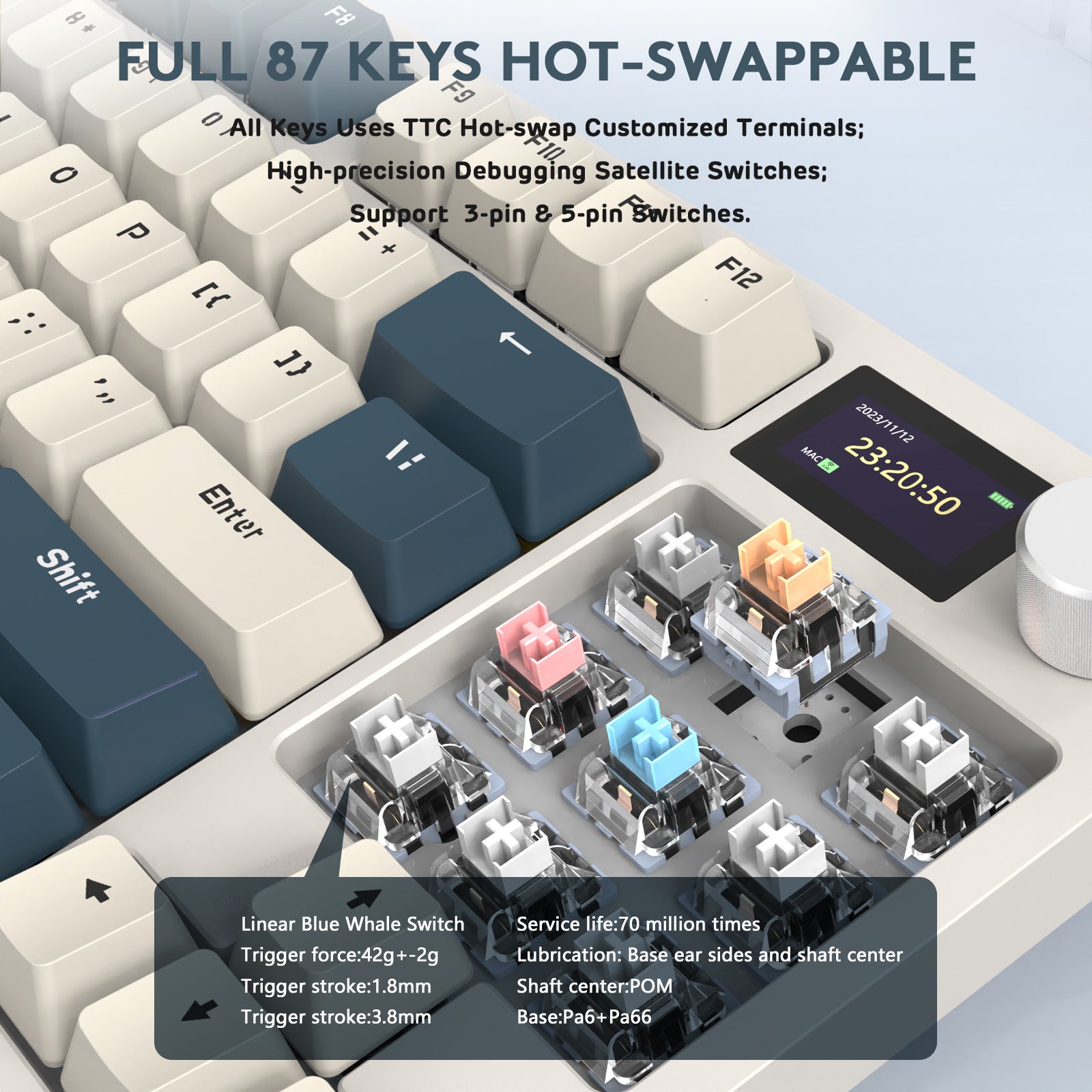 K86PRO keyboard hot-swappable key switches with Blue Whale switches and TTC terminals.