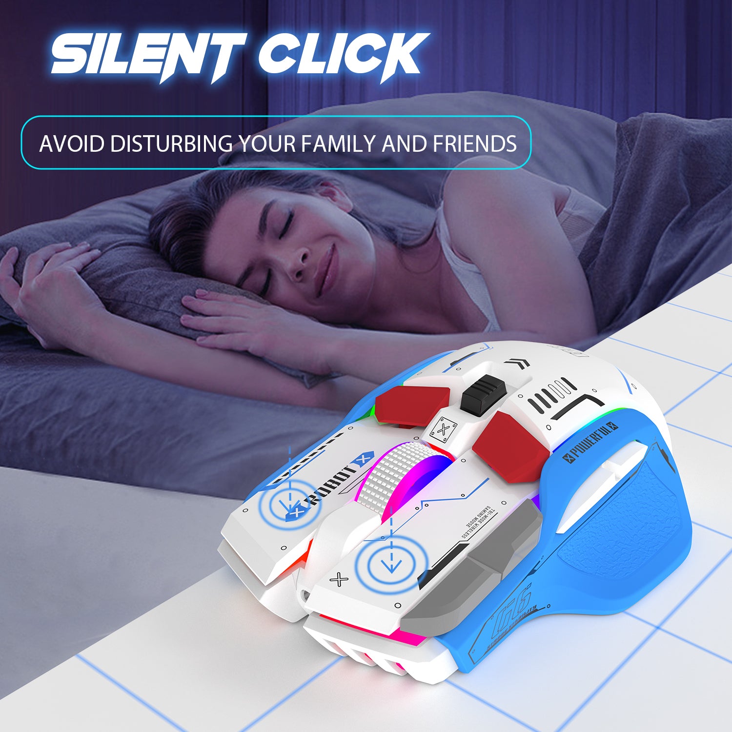 Attack Shark G6 Tri-mode gaming mouse highlighting silent click feature for night use.