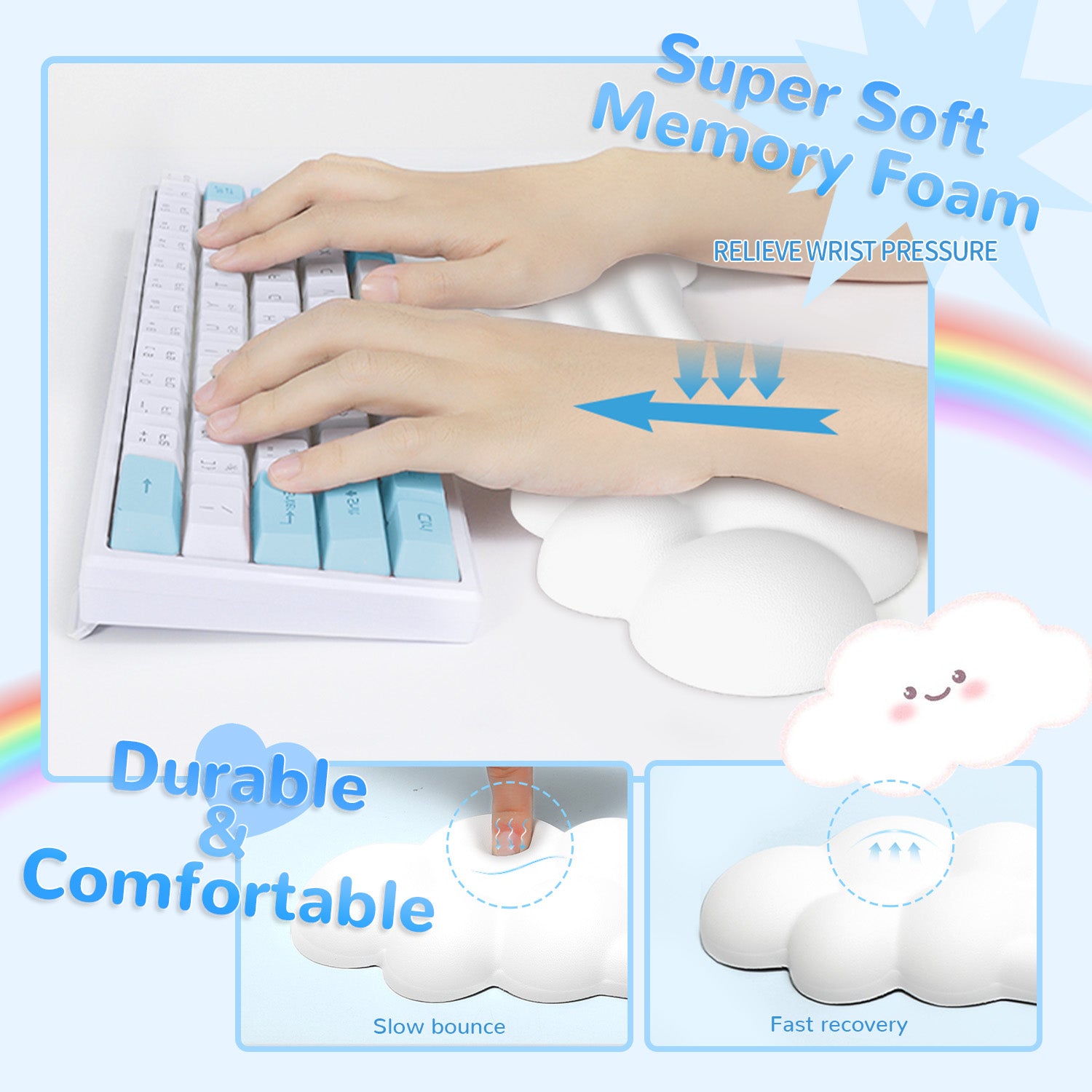 Hand resting on rainbow cloud wrist rest showing soft memory foam and ergonomic design.