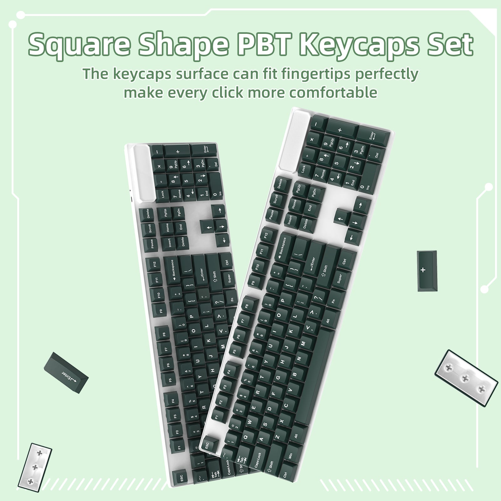 Green square PBT keycaps set designed for fingertip comfort on mechanical keyboards.