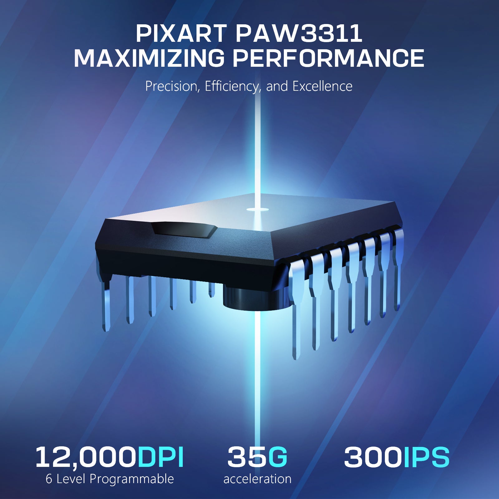 PixArt PAW3311 sensor highlighting 12,000 DPI and 300 IPS features for gaming precision.