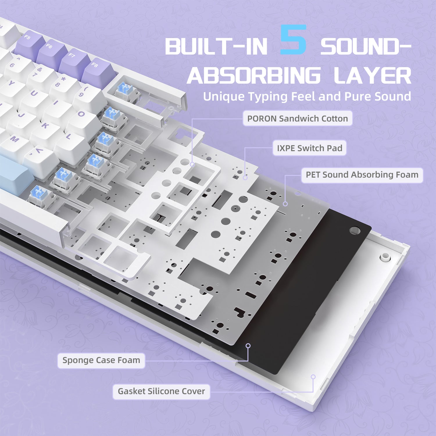 Layered construction of Attack Shark AK820 Pro keyboard showing sound-absorbing materials.