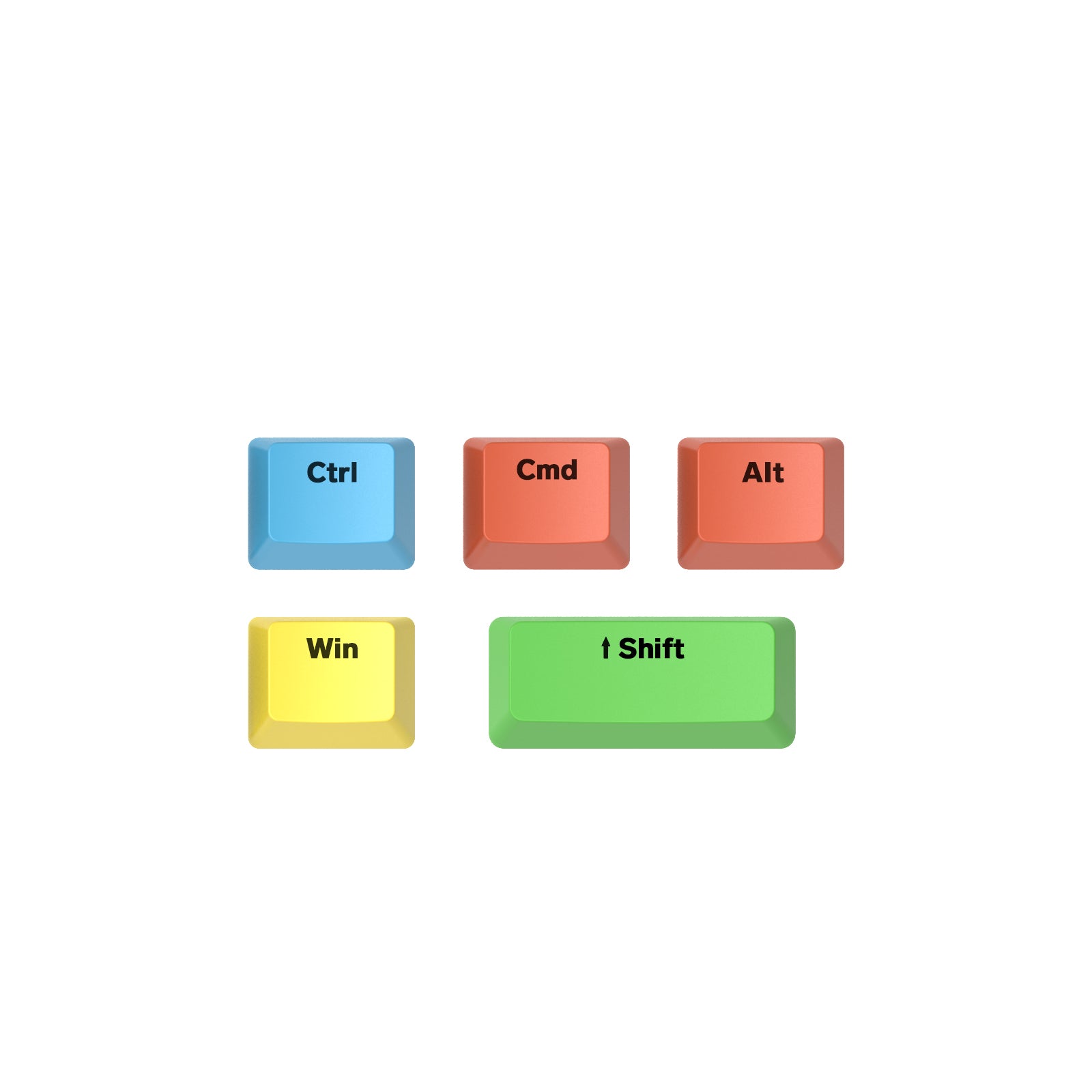 Colorful PBT keycaps including 'Ctrl', 'Cmd', 'Alt', 'Win', and 'Shift' keys in various colors.