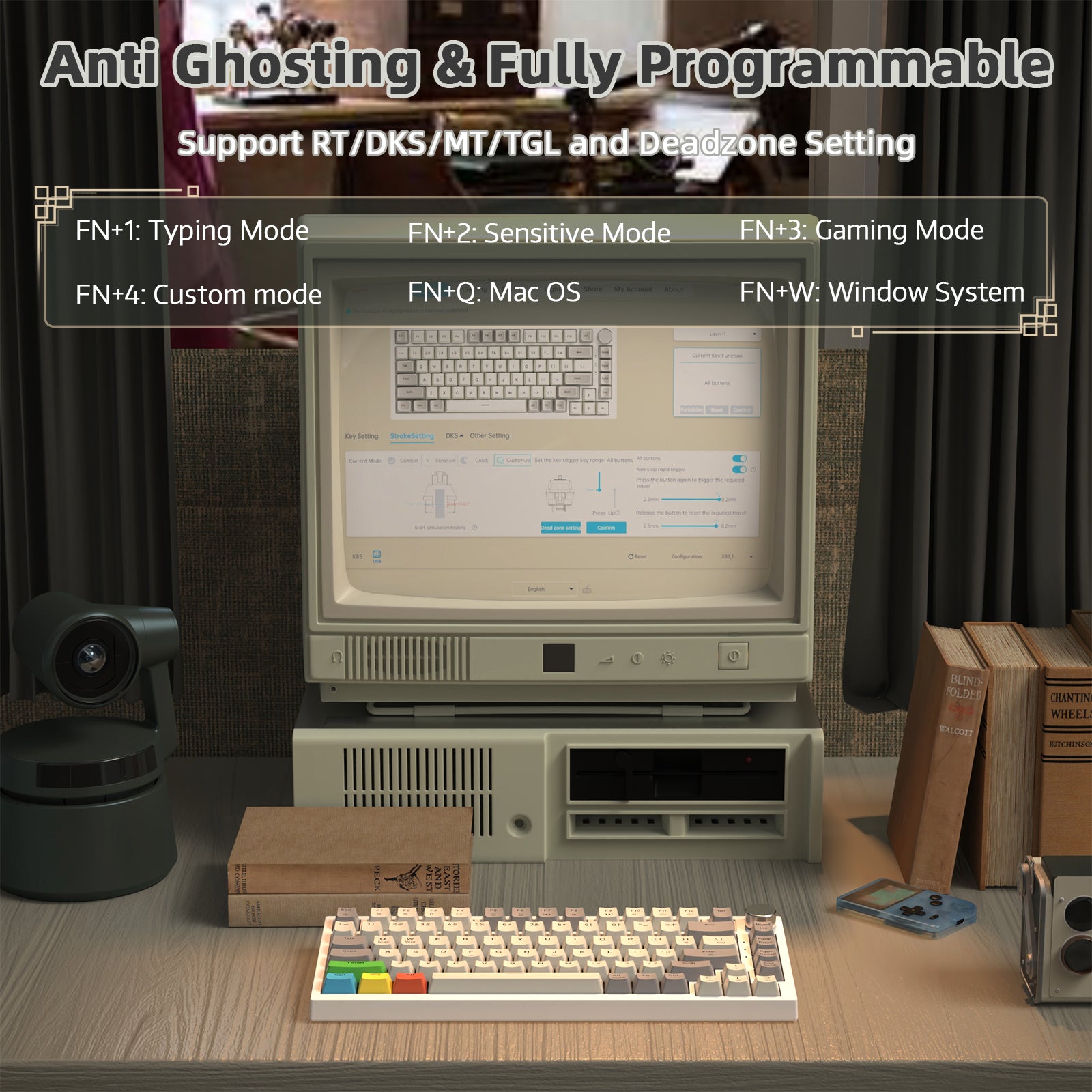 K85 keyboard showing anti-ghosting and programmable modes on retro computer setup.