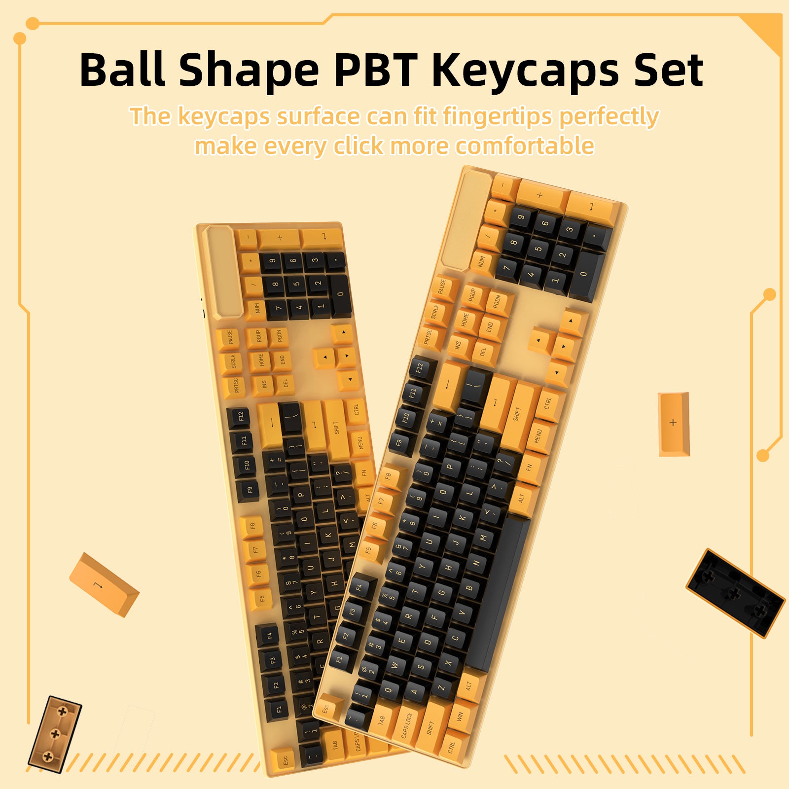 Ball shape black and gold PBT keycap set for comfortable mechanical keyboard typing.