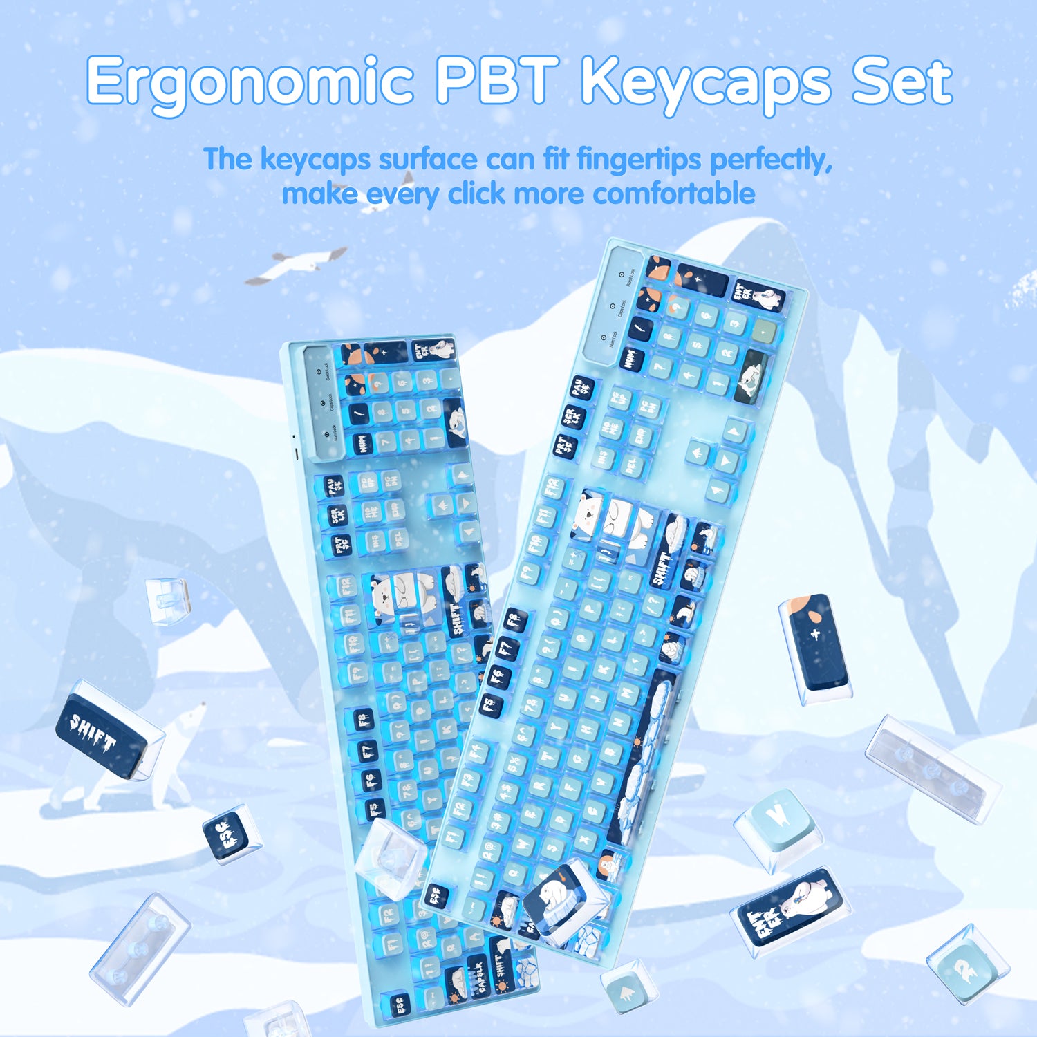 Light blue ergonomic PBT keycap set with ocean-themed designs for mechanical keyboards.