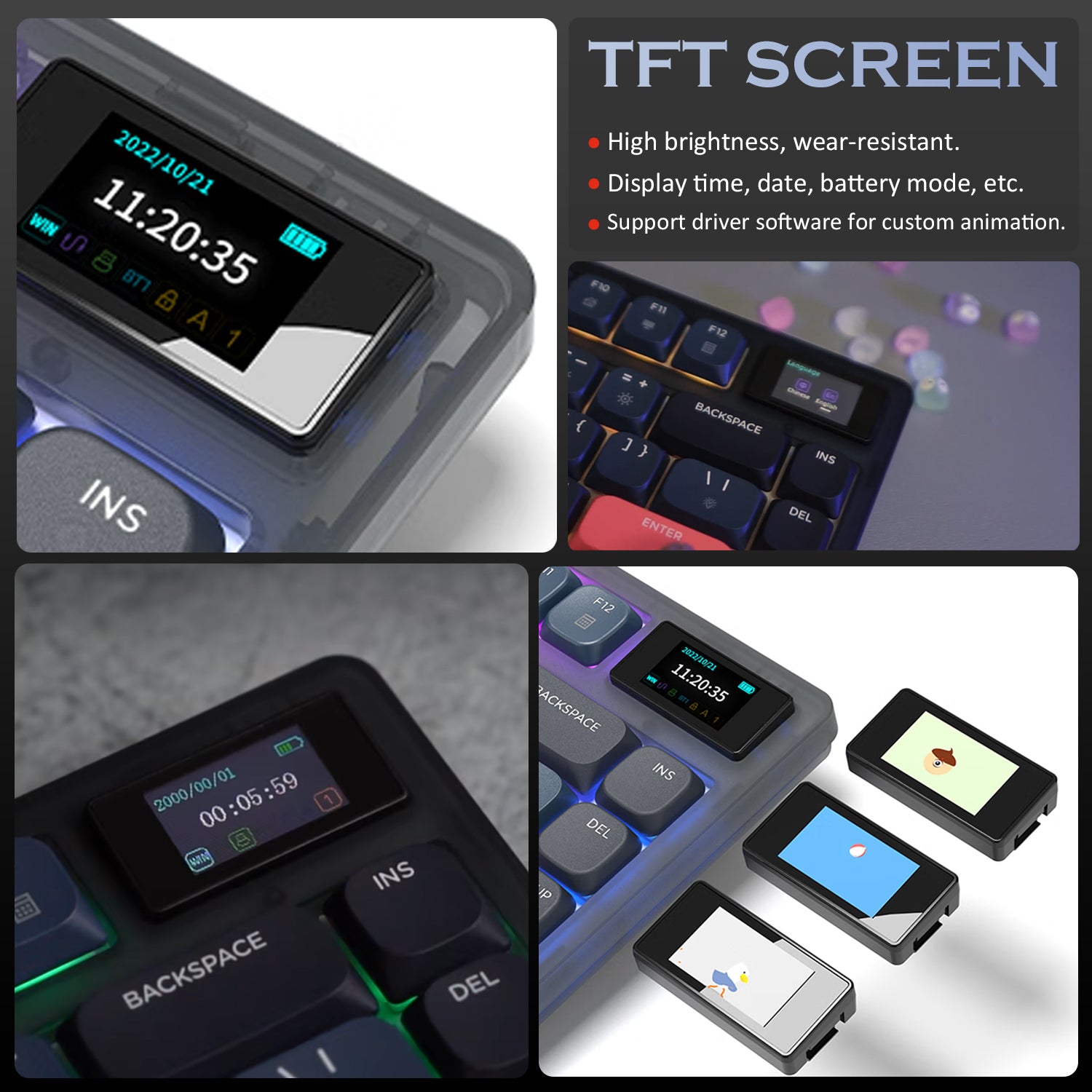 AK832PRO keyboard TFT screen displaying time, date, battery status, and animation options.