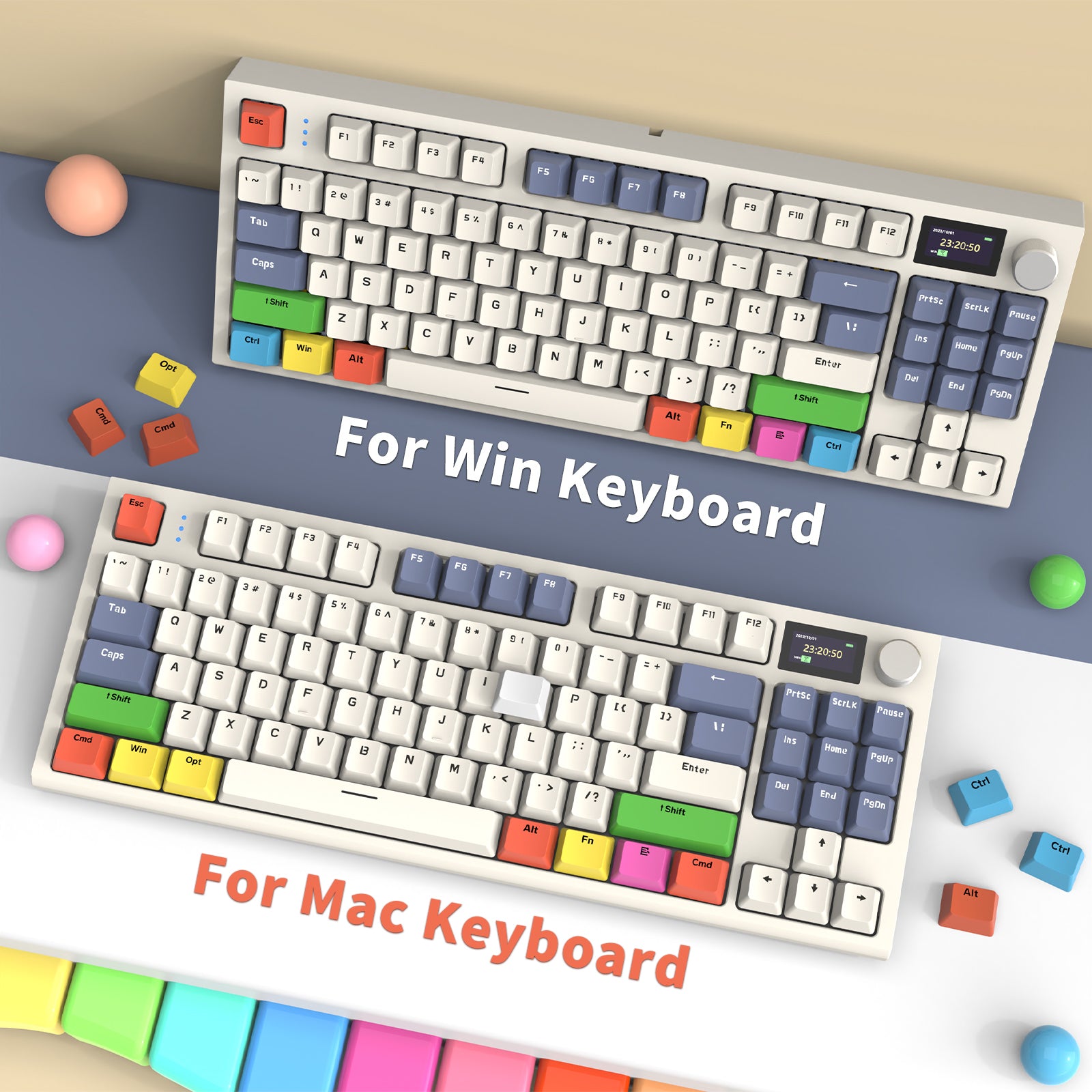 Colorful PBT keycaps on Win and Mac keyboards, with vibrant key layouts.