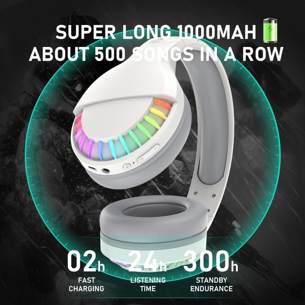 SH33 headset with 1000mAh battery, fast charging, and colorful RGB lighting