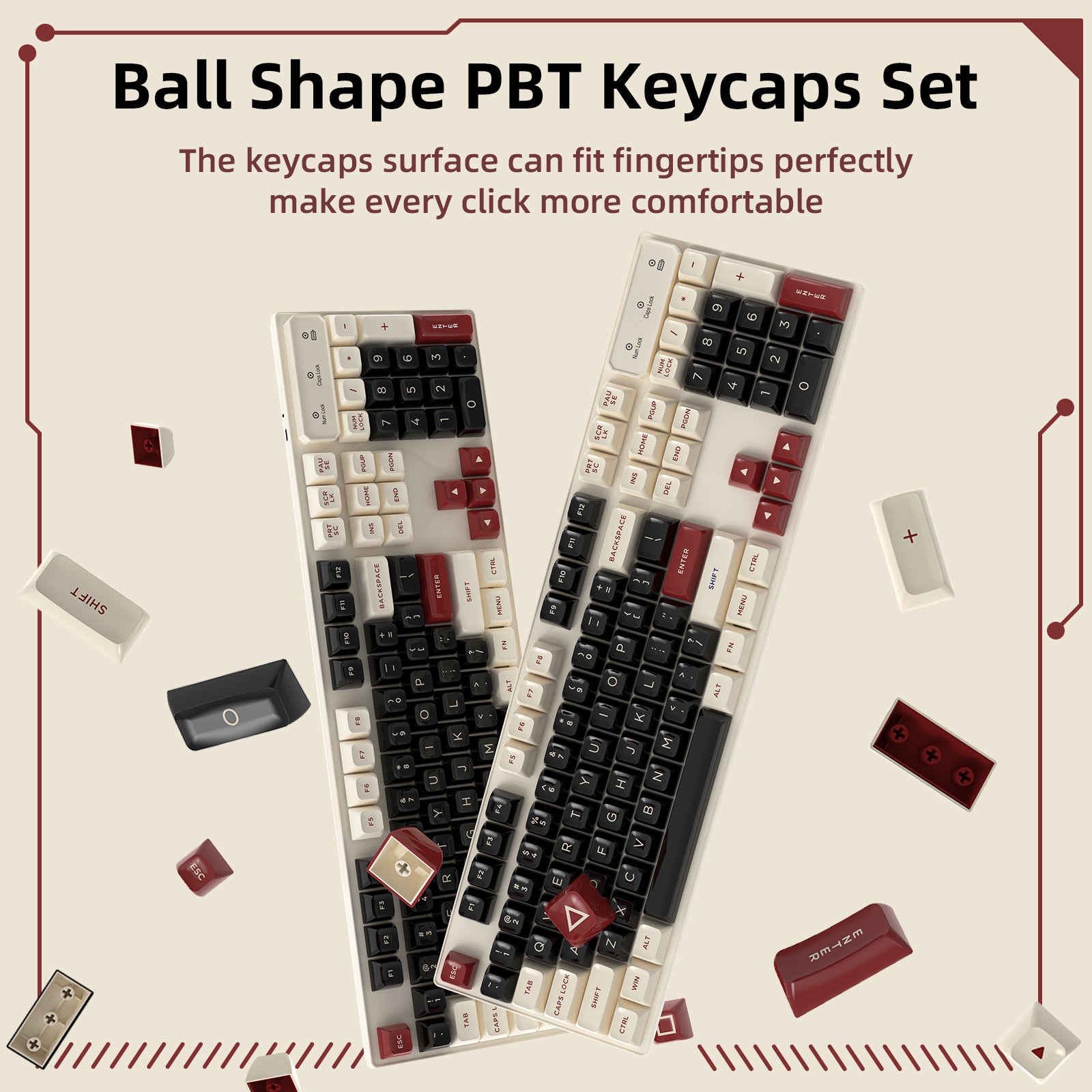 Ball shape PBT keycaps set in black and cream with red modifiers for comfort.