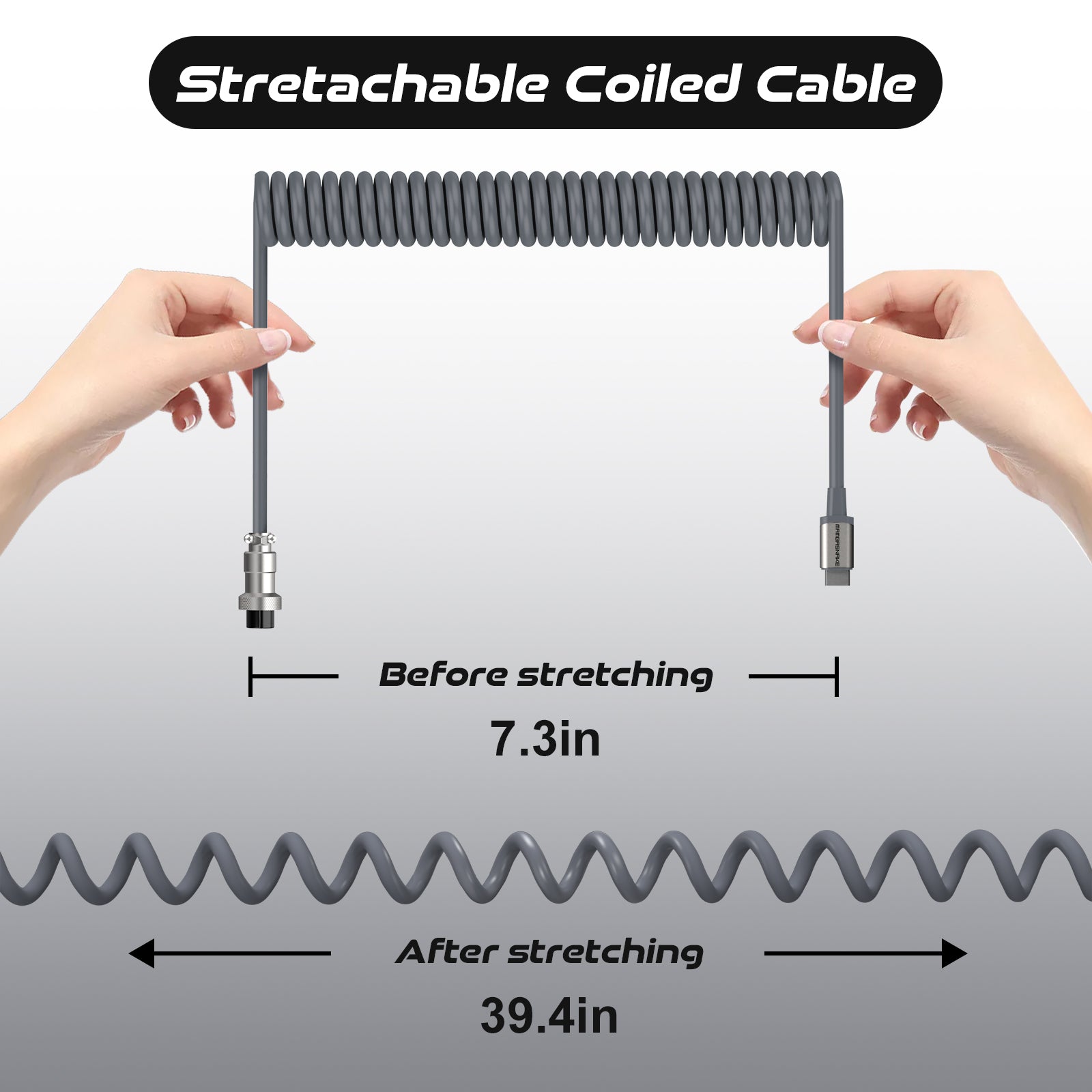 Stretchable Attack Shark C04 coiled USB cable showing 7.3in and 39.4in lengths.