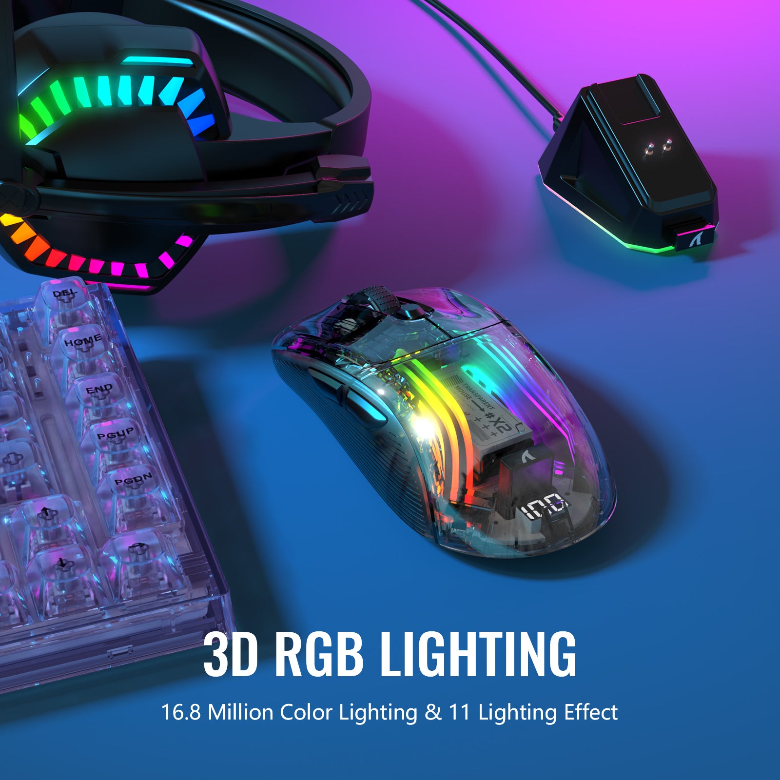 X2PRO gaming mouse with 3D RGB lighting beside headset and charging dock.