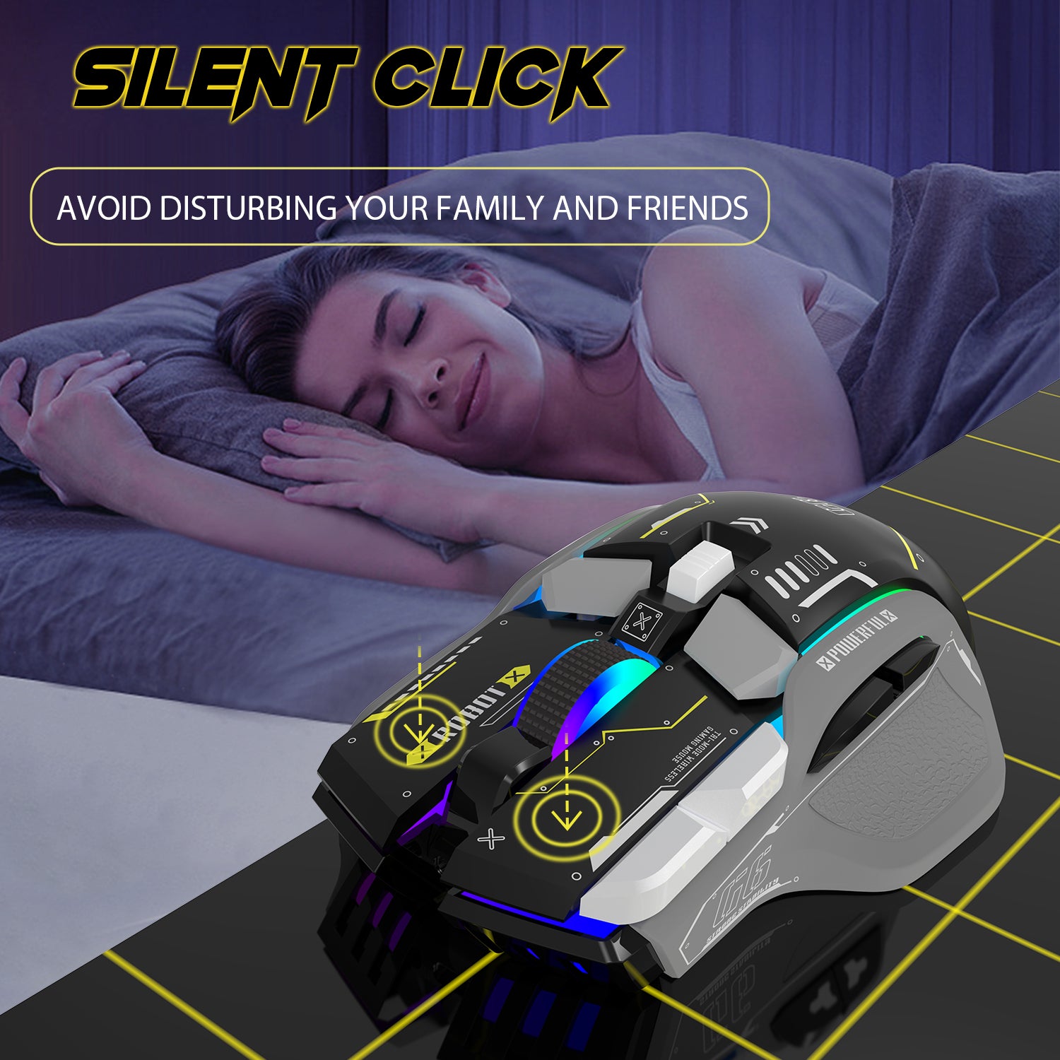 Silent click feature of Attack Shark G6 gaming mouse promoting nighttime use.