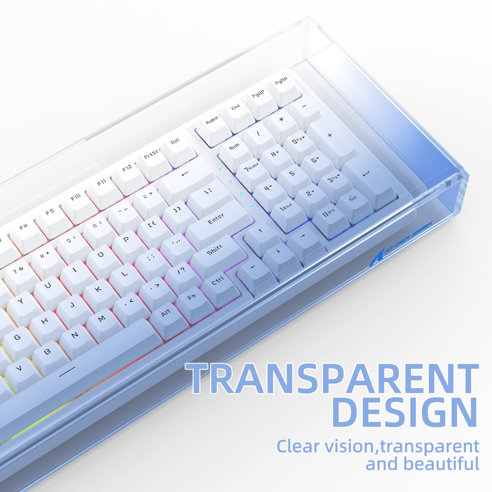 Attack Shark 98 keys keyboard under transparent acrylic dust cover highlighting clear design.