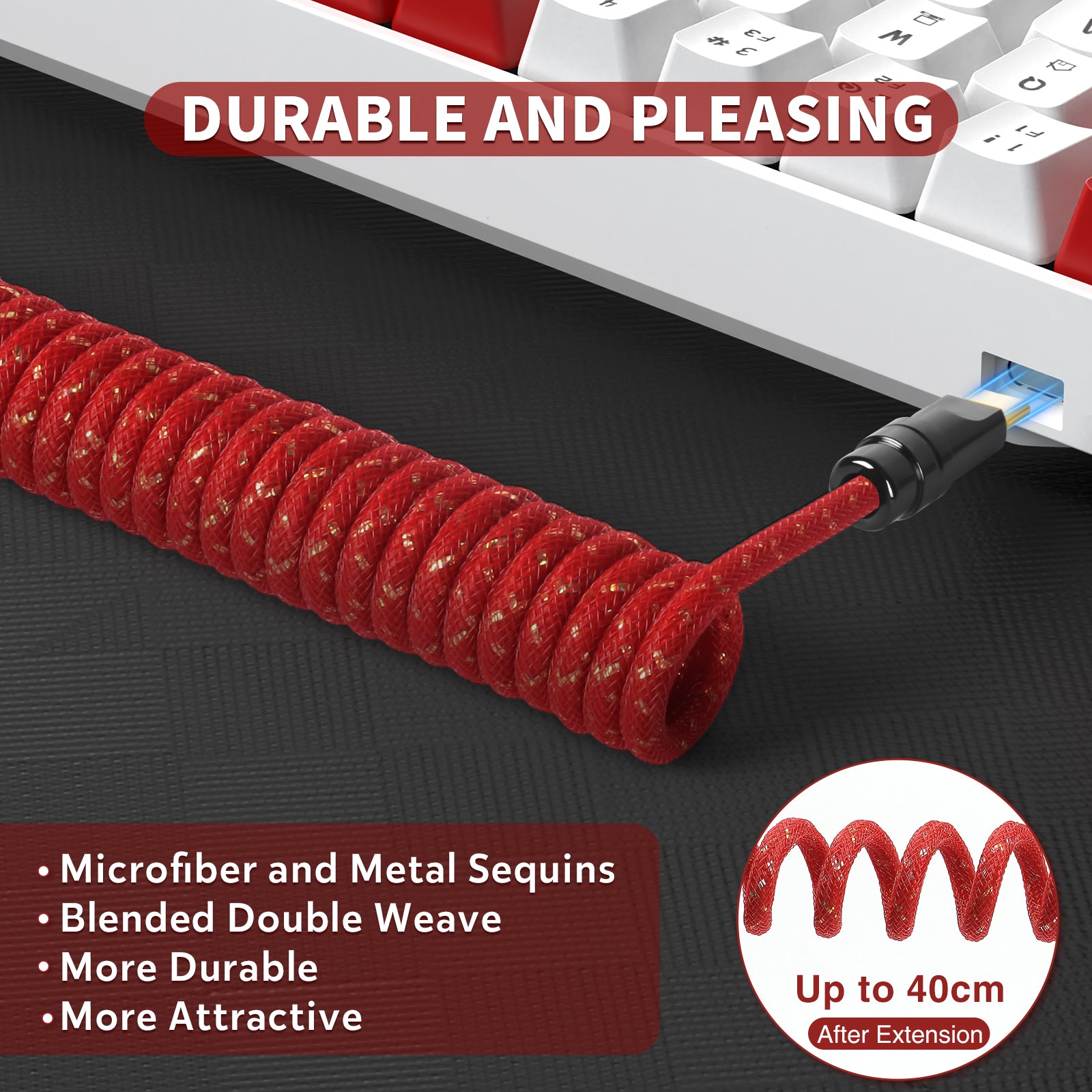 Red coiled USB cable with sequins, detachable connector, and textured braided design.