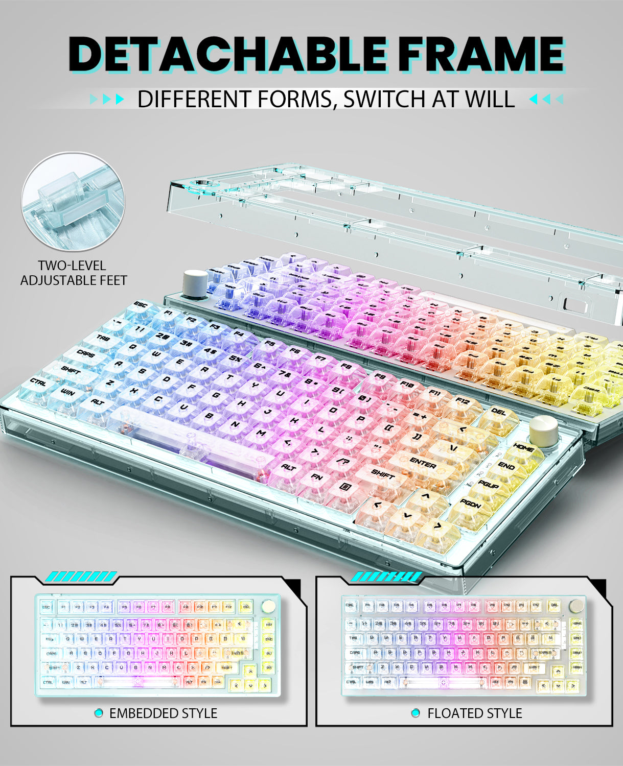 MK32 mechanical keyboard showing detachable frame in embedded and floated styles with RGB lighting.