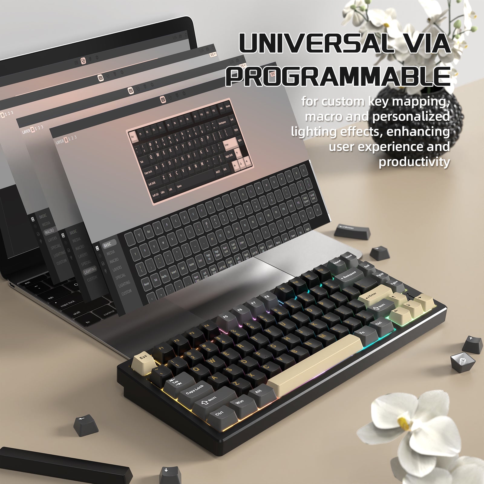 ATTACK SHARK X75 keyboard with VIA programming on laptop for custom key mapping and RGB effects.