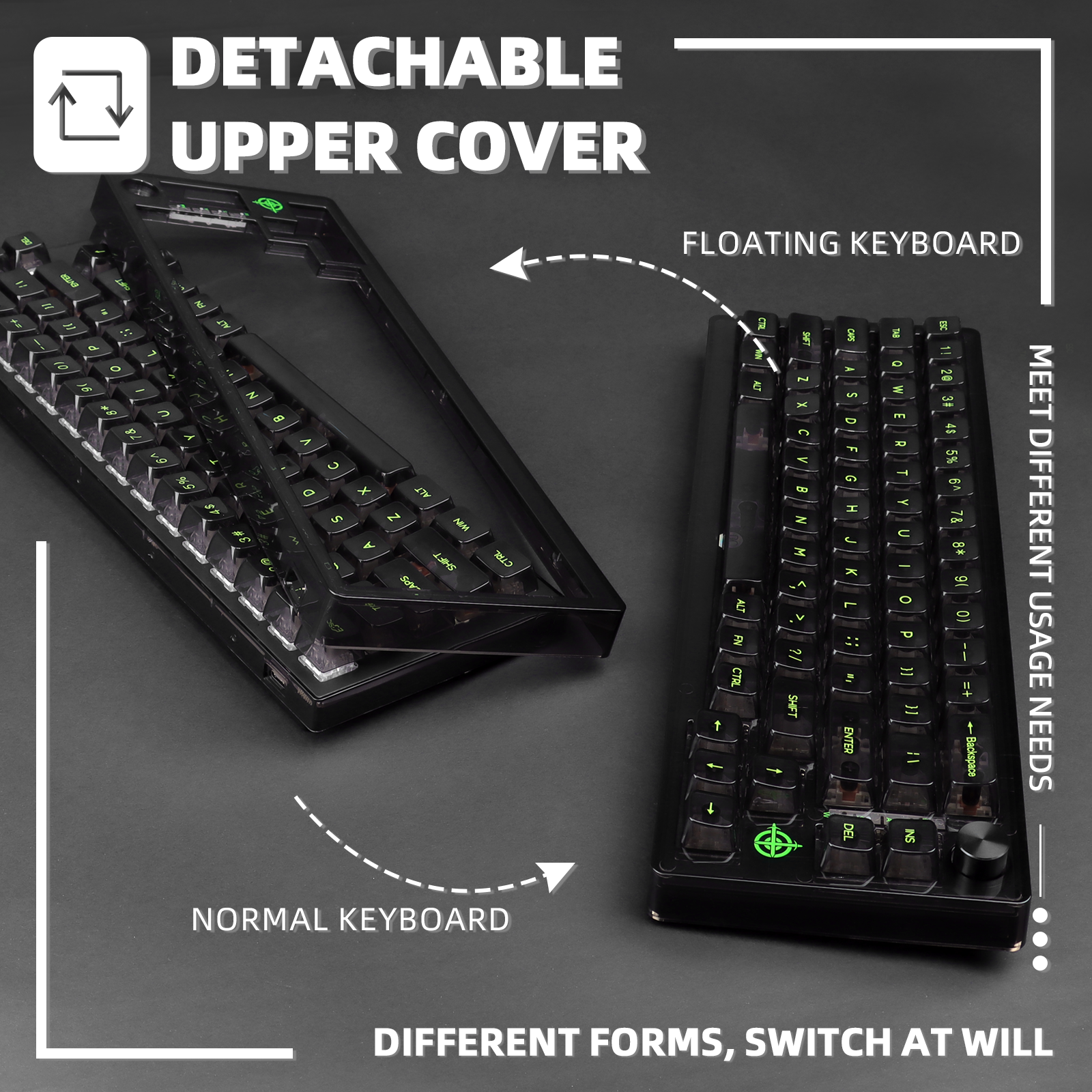 MK31 keyboard with detachable upper cover for floating and normal configurations.