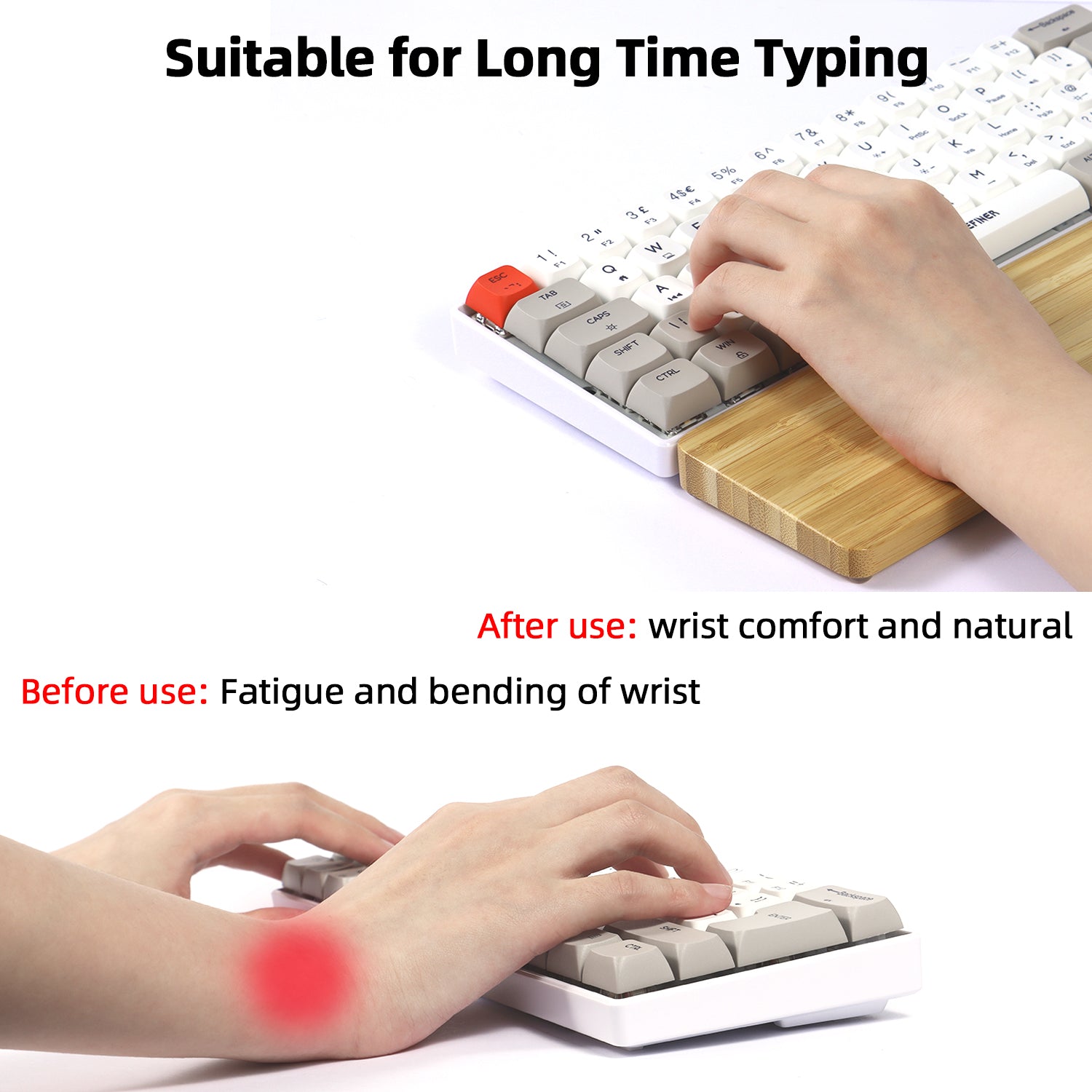 Comparison of wrist comfort before and after using Attack Shark bamboo wrist rest for typing.