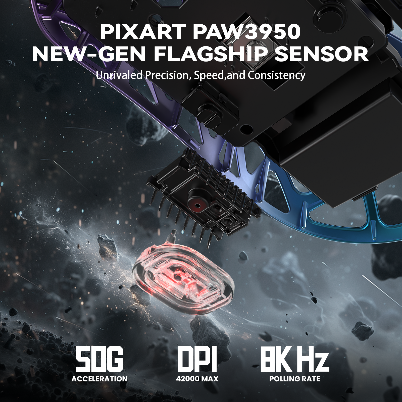 PixArt PAW3950 sensor specs: 50g acceleration, 42000 DPI, 8K polling rate for gaming mouse.