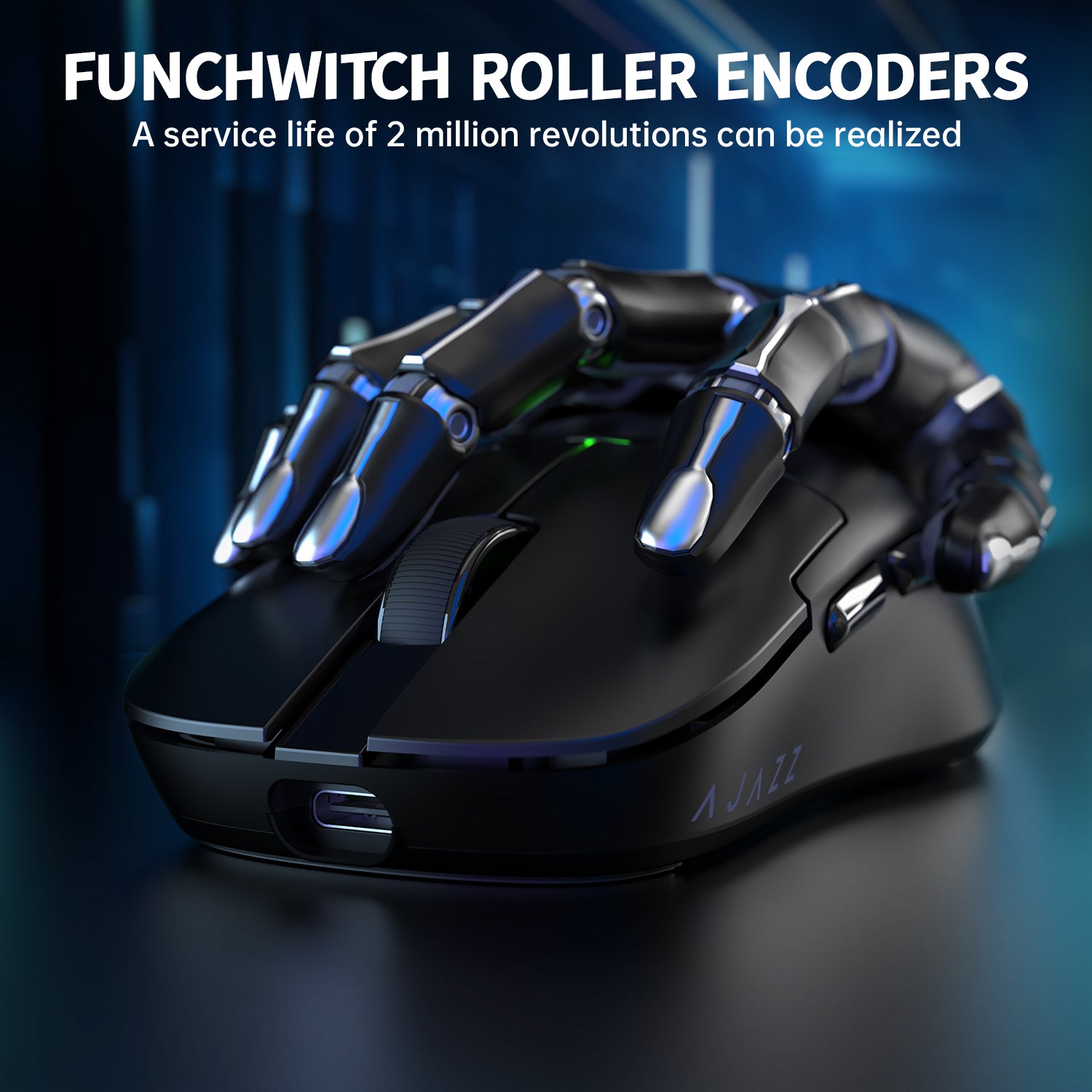 AJAZZ gaming mouse with Funchwitch roller encoders and robotic hand support