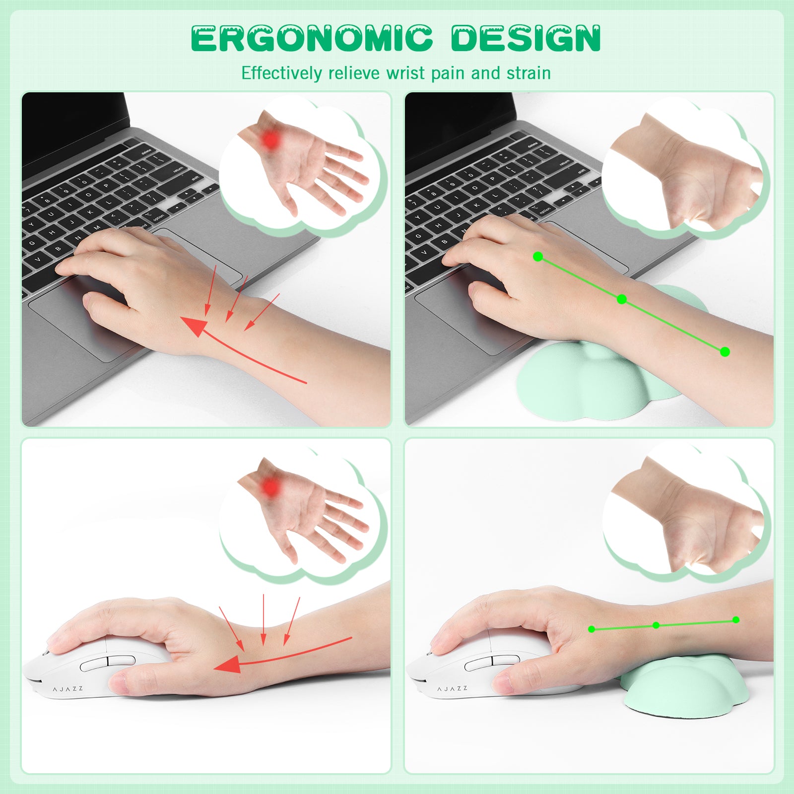 Illustration of ergonomic wrist rest design showing strain relief with hand alignment.