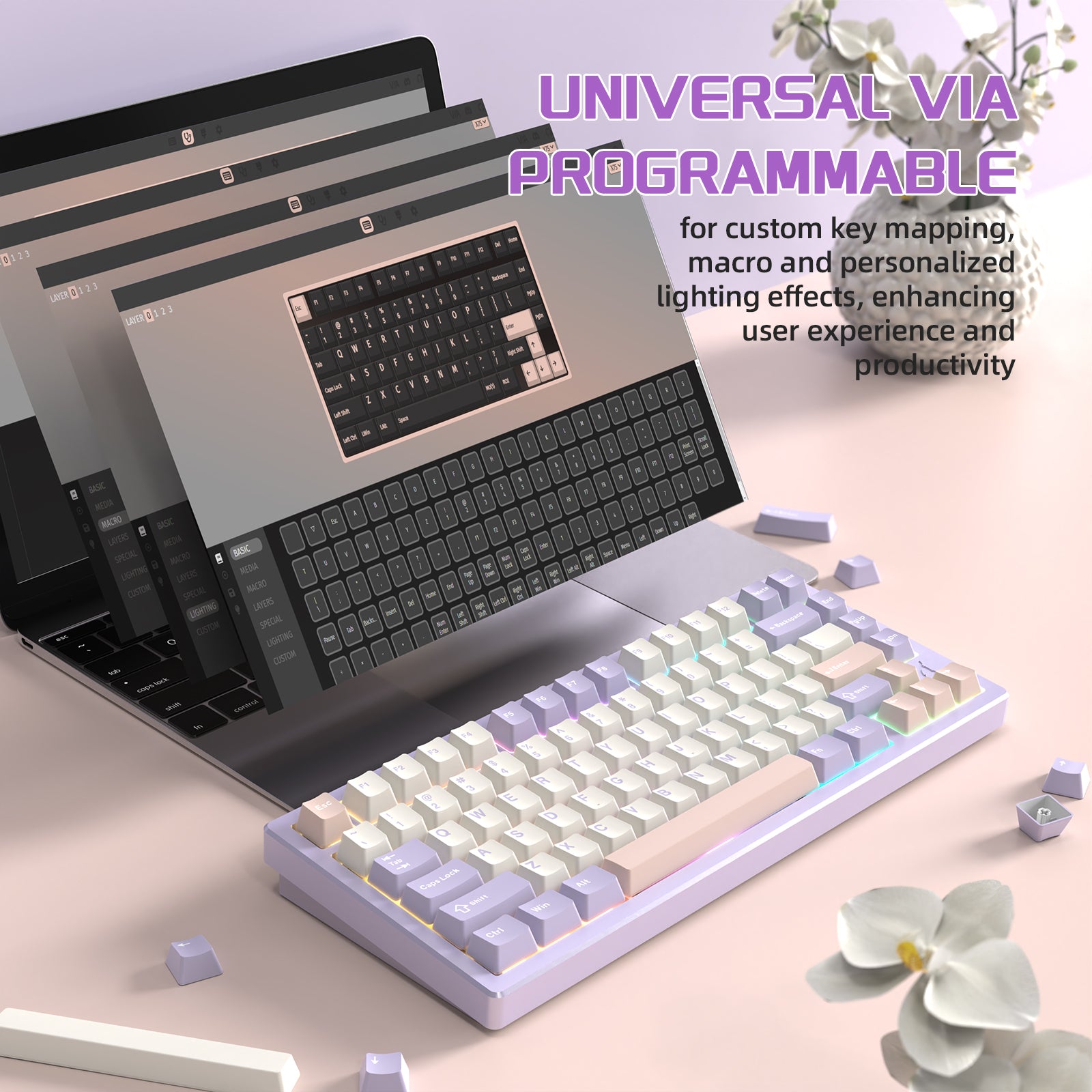 ATTACK SHARK X75 keyboard with VIA programming interface on a laptop display.