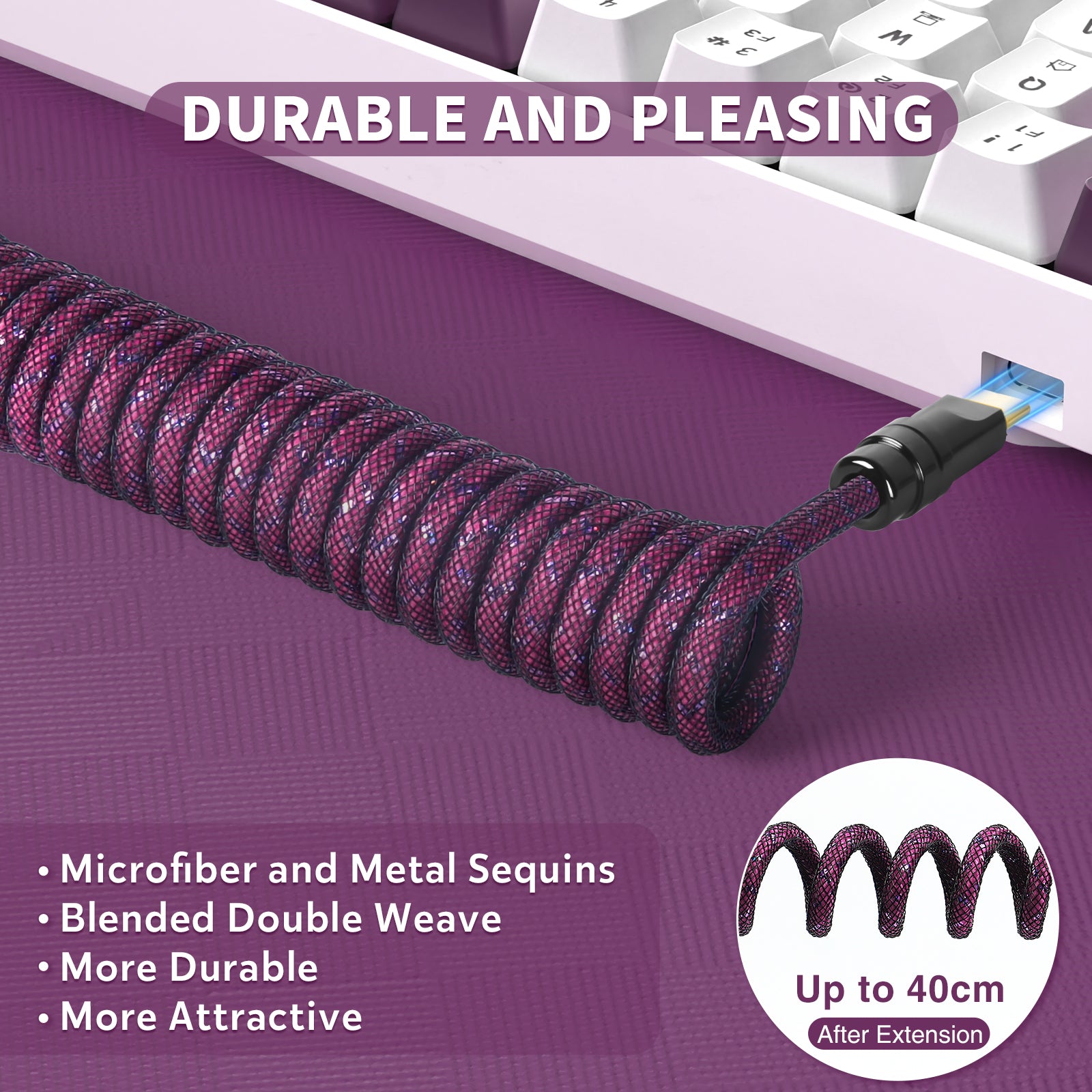 Black and purple coiled USB cable with sequins, extending to 40cm, connects to a keyboard.