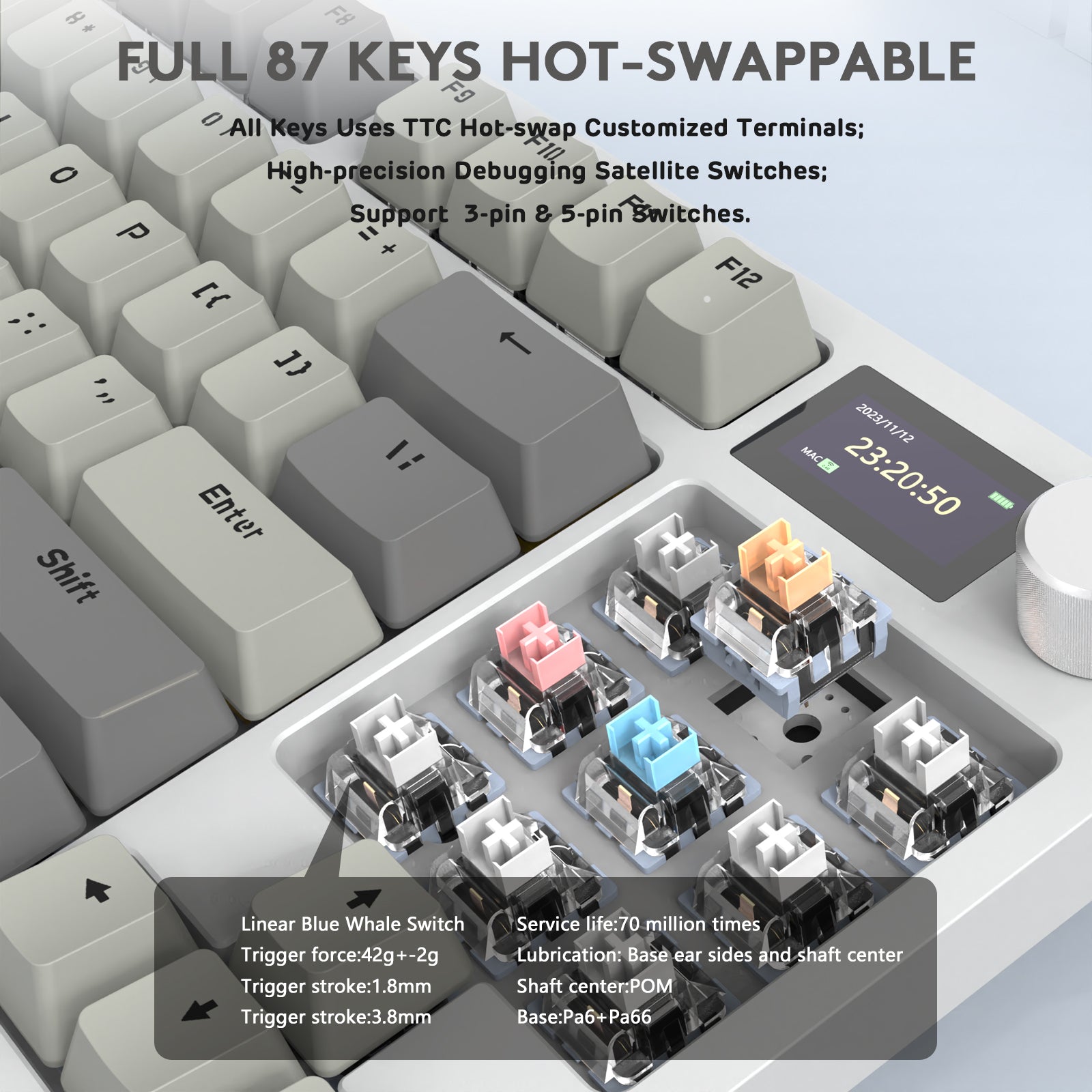 Attack Shark K86PRO keyboard showcasing hot-swappable key switches and 1.2-inch display