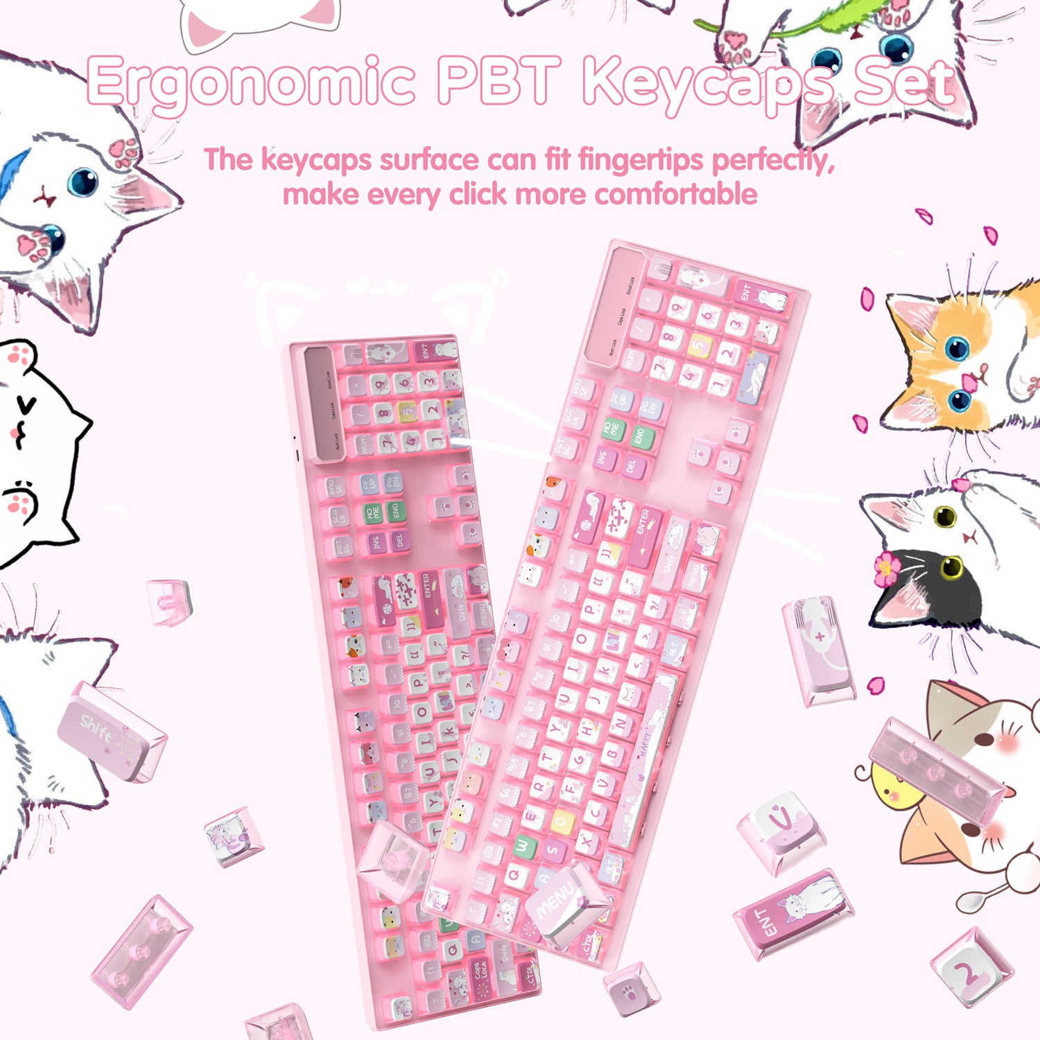 Ergonomic pink PBT keycaps with cute cat designs for comfortable typing.